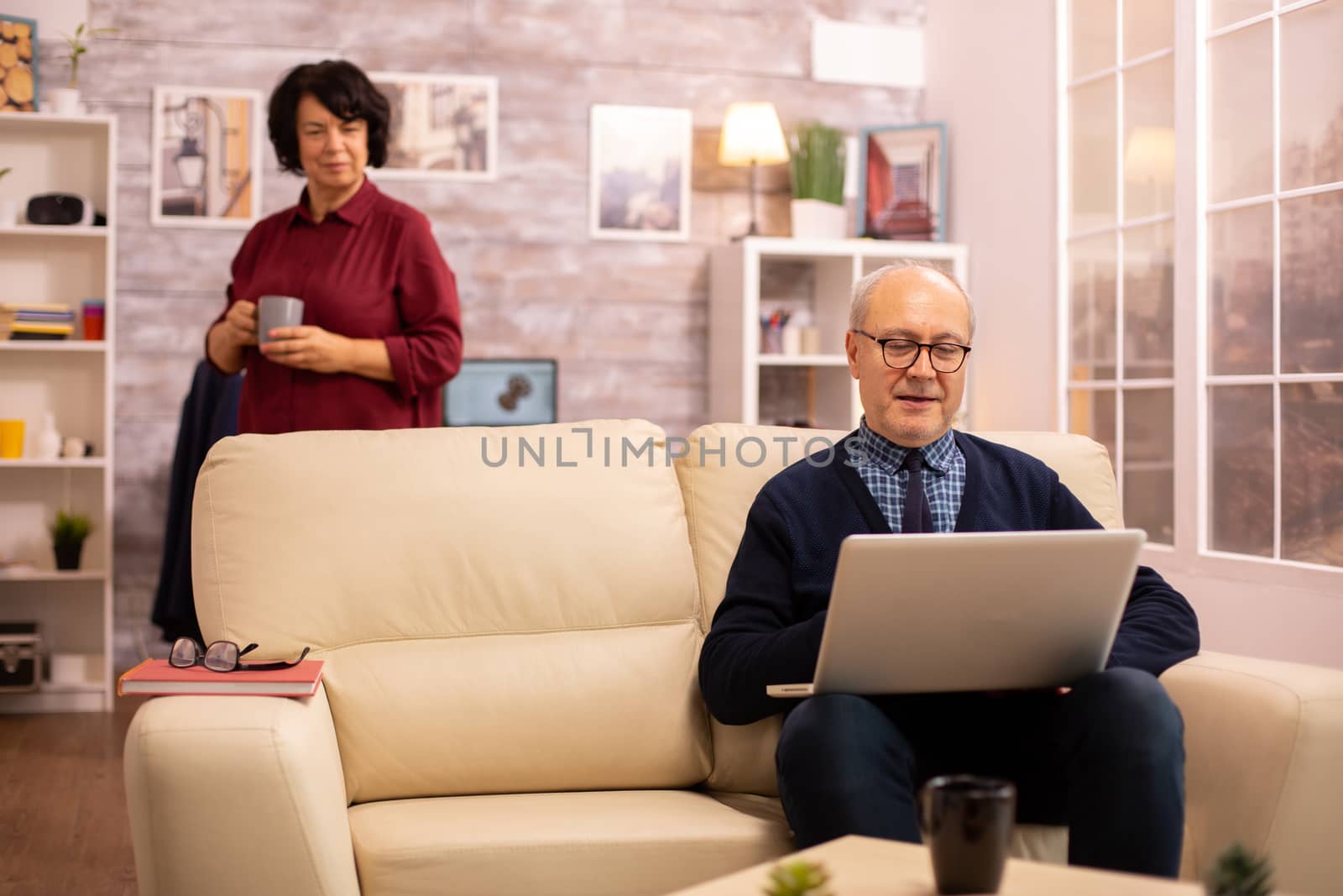 Elderly old couple using modern laptop to chat with their grandson. Grandmother and grandfather using modern technology