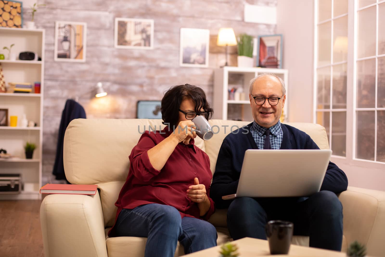 Elderly old couple using modern laptop to chat with their grandson. Grandmother and grandfather using modern technology