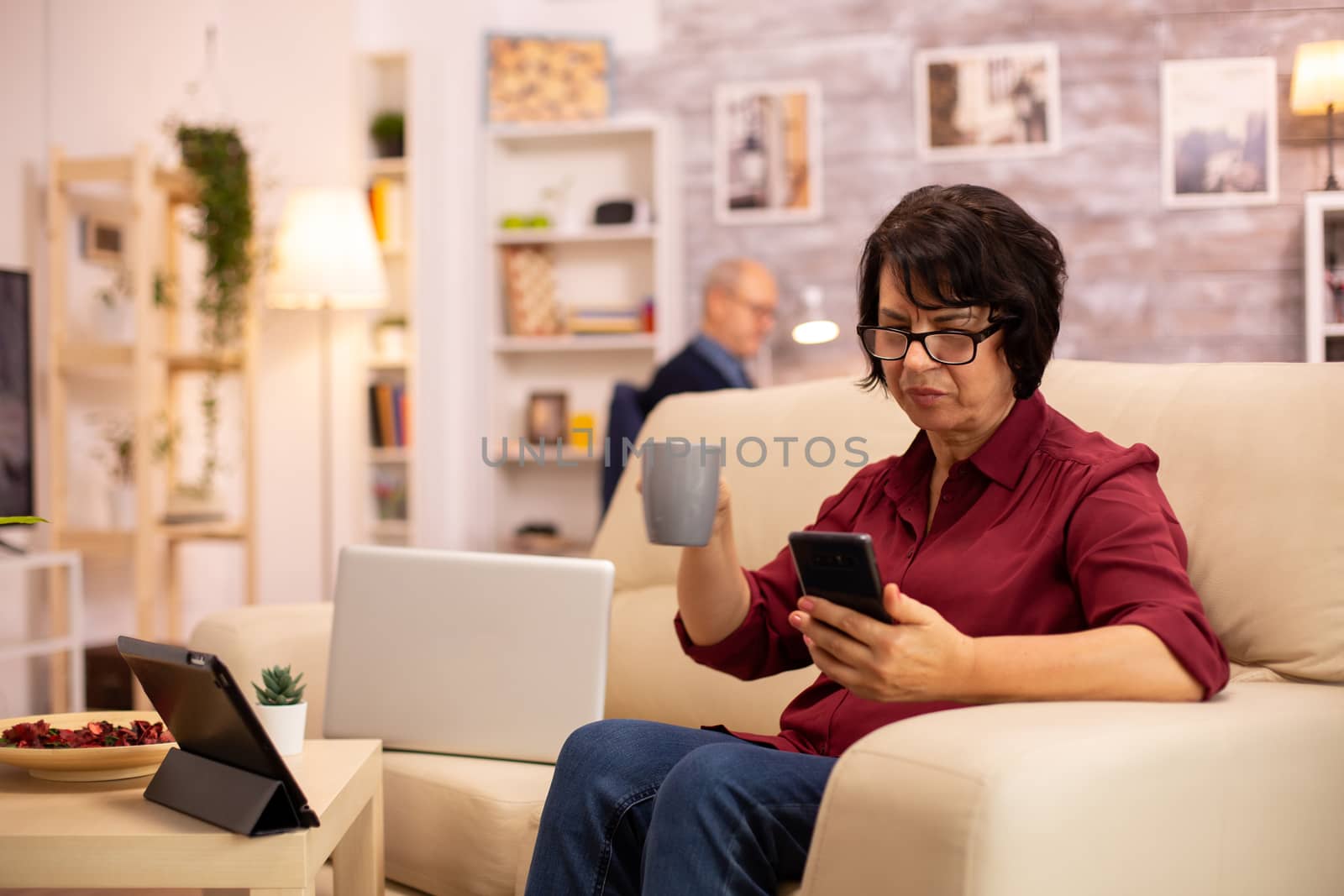 Elderly lady using modern technology in her house. She has a modern smartphone in her hands