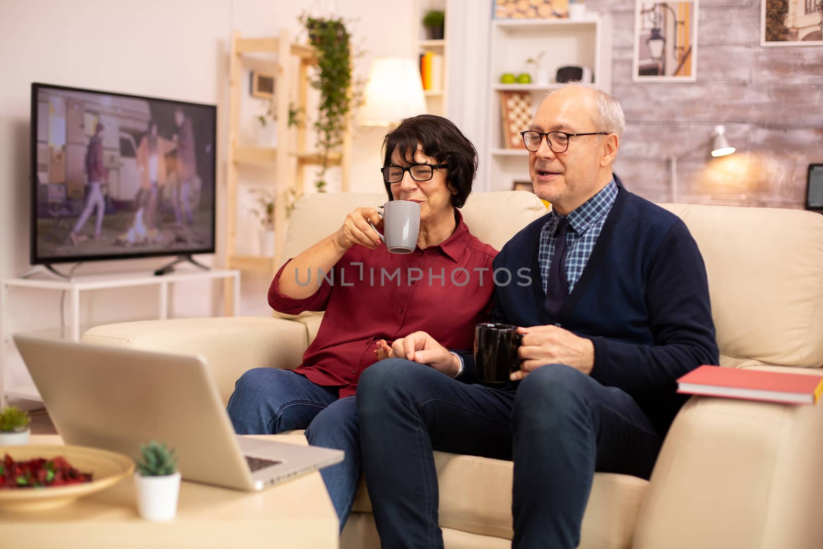 Elderly old couple using modern laptop to chat with their grandson. Grandmother and grandfather using modern technology