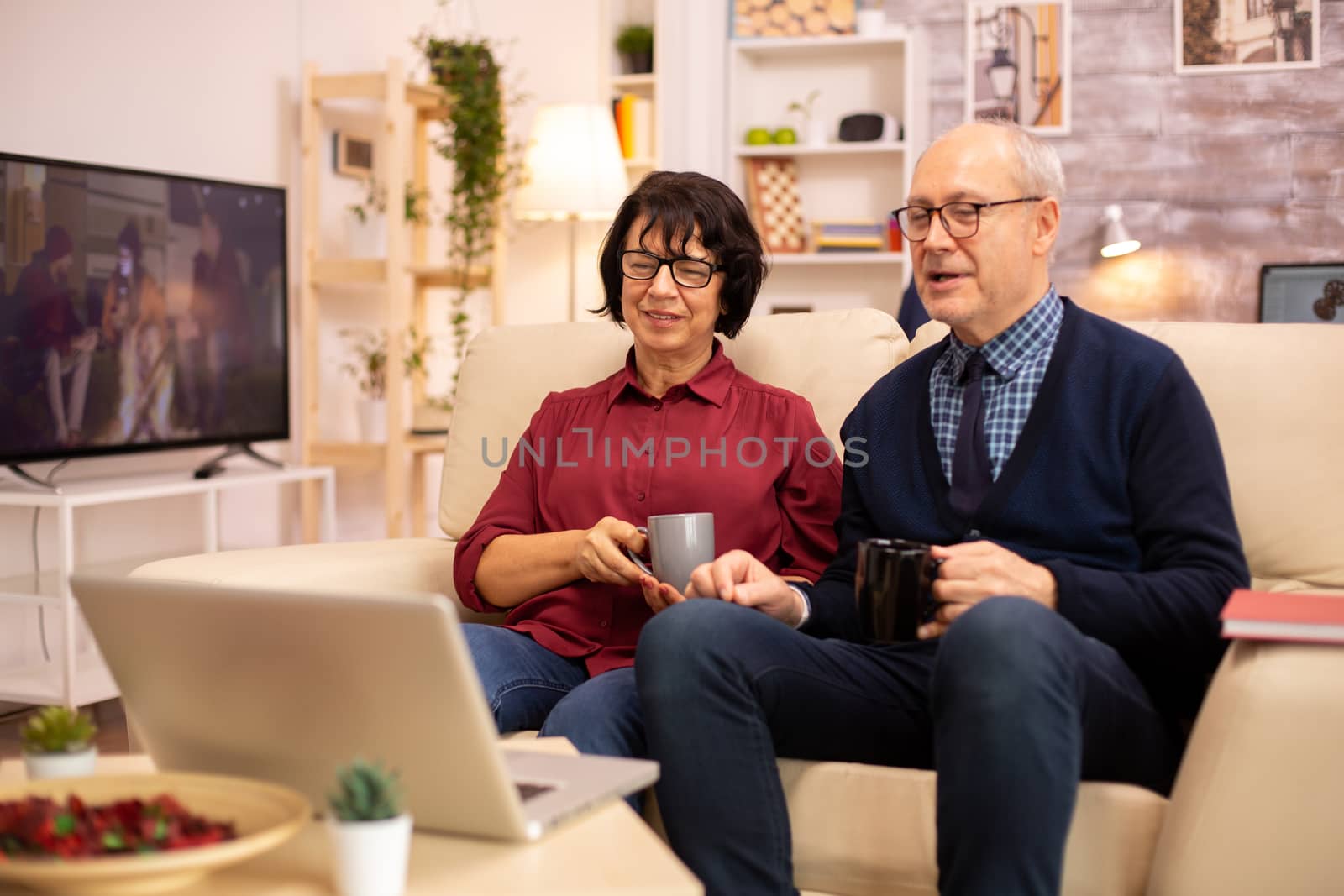 Elderly old couple using modern laptop to chat with their grandson. Grandmother and grandfather using modern technology