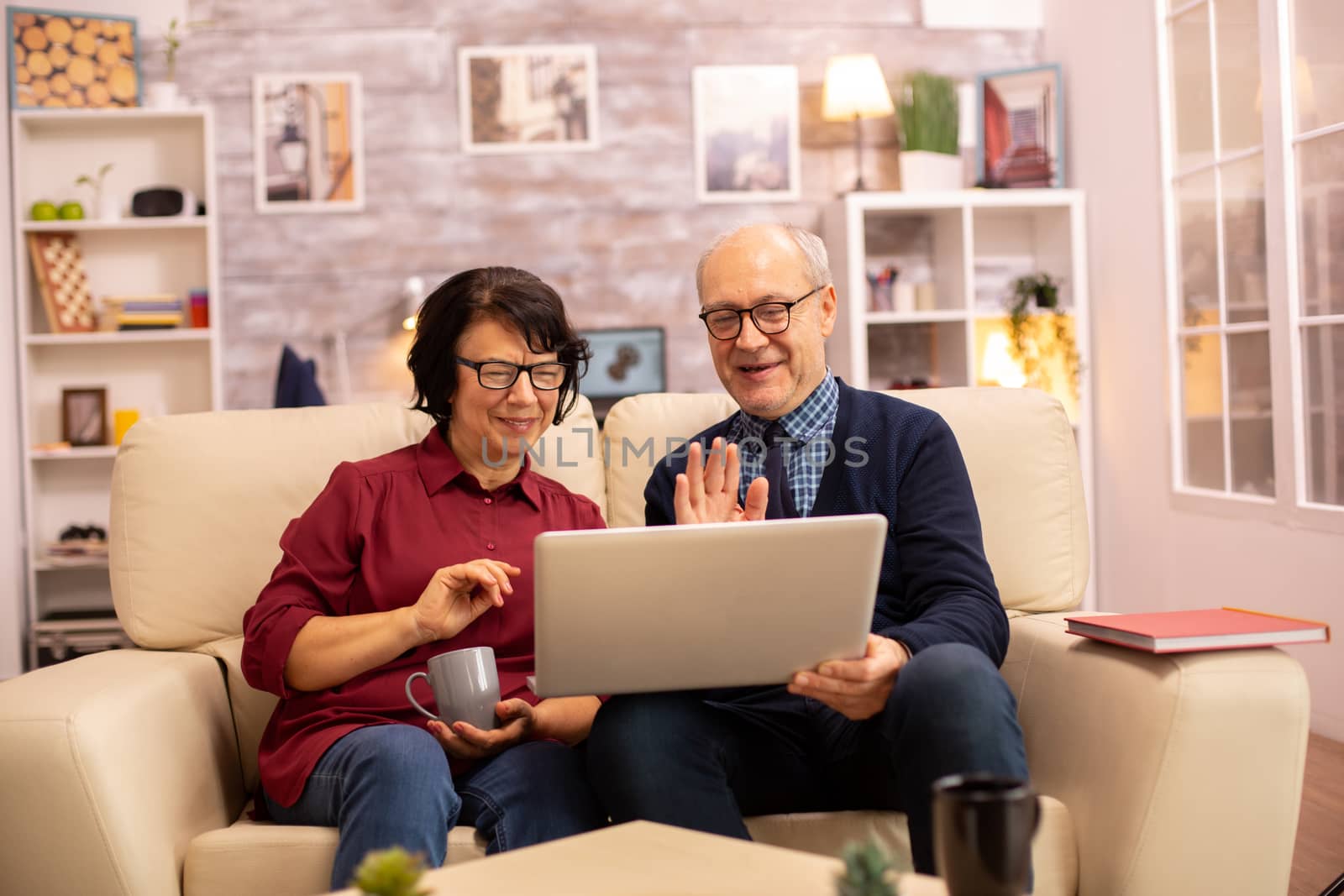 Elderly old couple using modern laptop to chat with their grandson. Grandmother and grandfather using modern technology