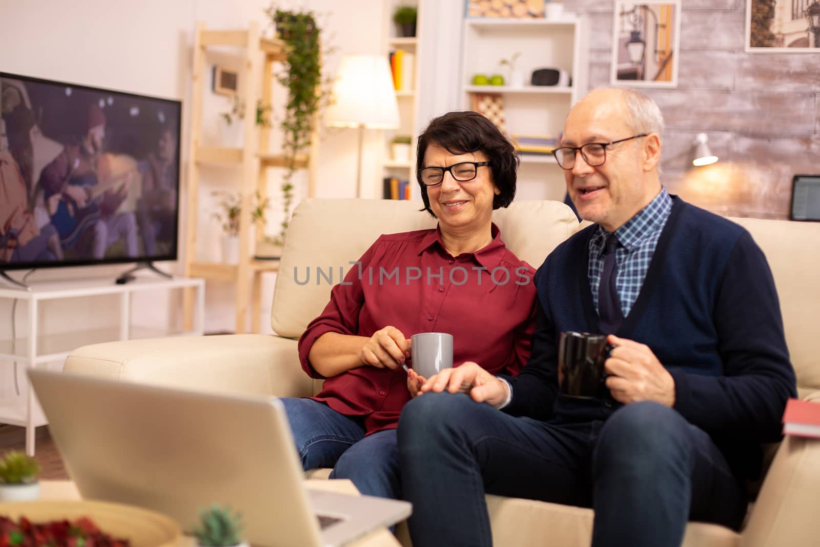 Elderly old couple using modern laptop to chat with their grandson. Grandmother and grandfather using modern technology