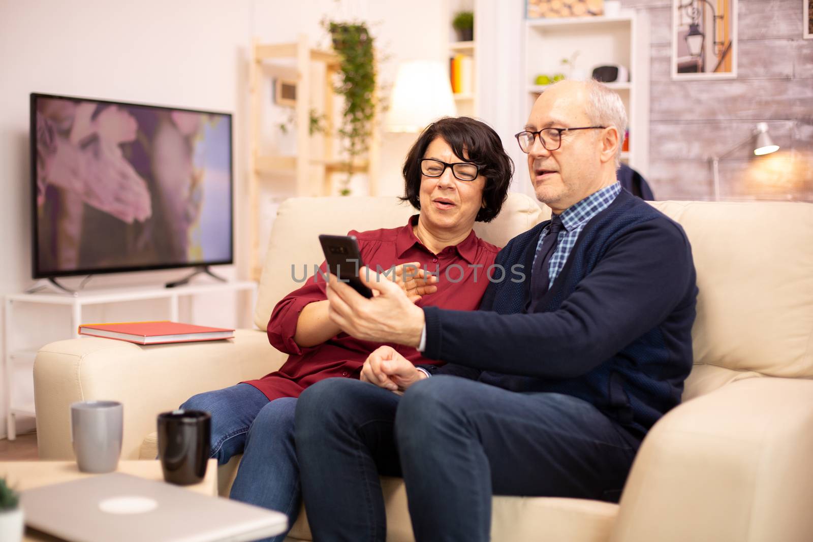 Old eldelry couple using a smartphone to talk with their family.