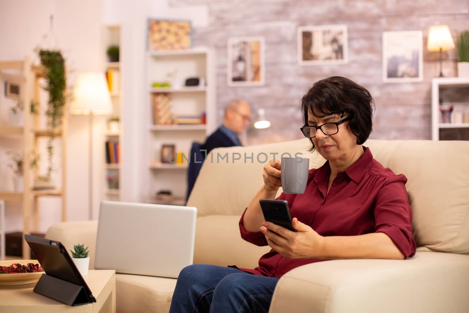 Elderly lady using modern technology in her house. She has a modern smartphone in her hands