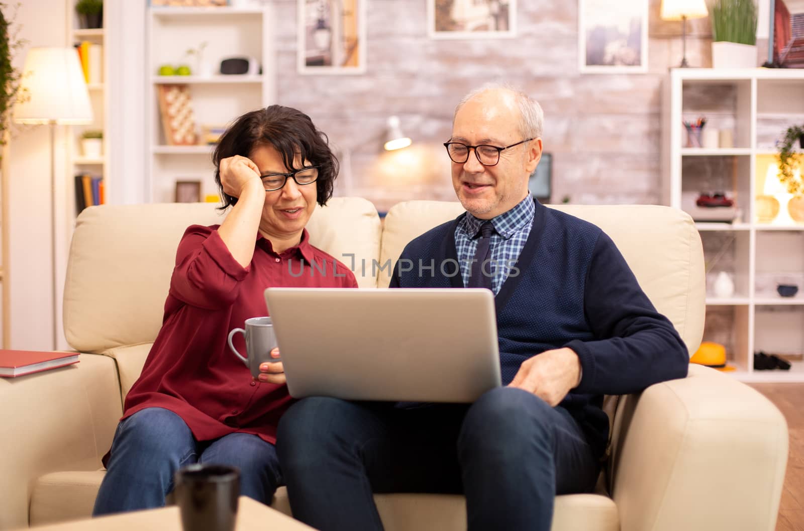Elderly old couple using modern laptop to chat with their grandson by DCStudio