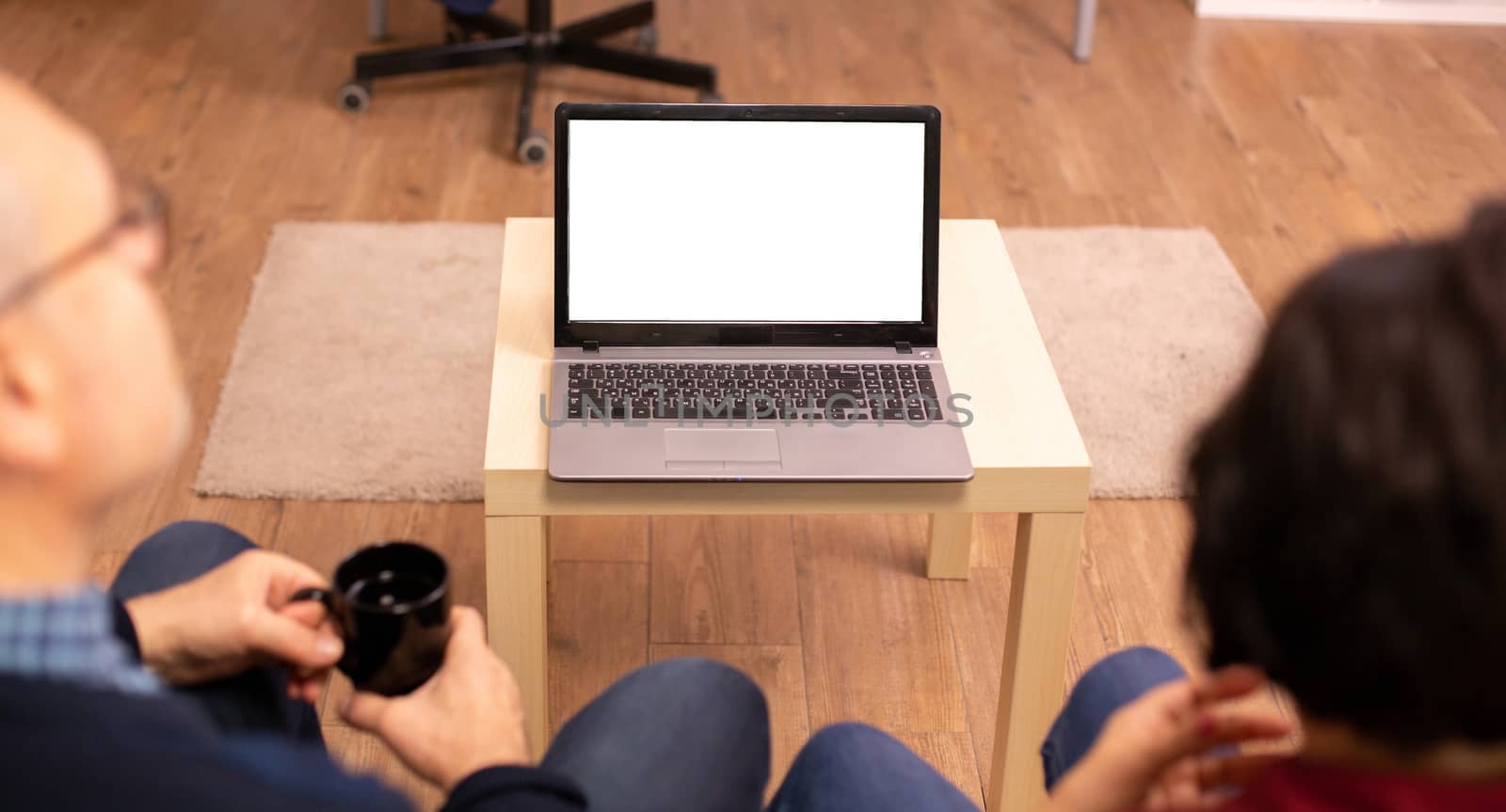 Back view of old couple in their living room looking a laptop with white isolated mock-up.