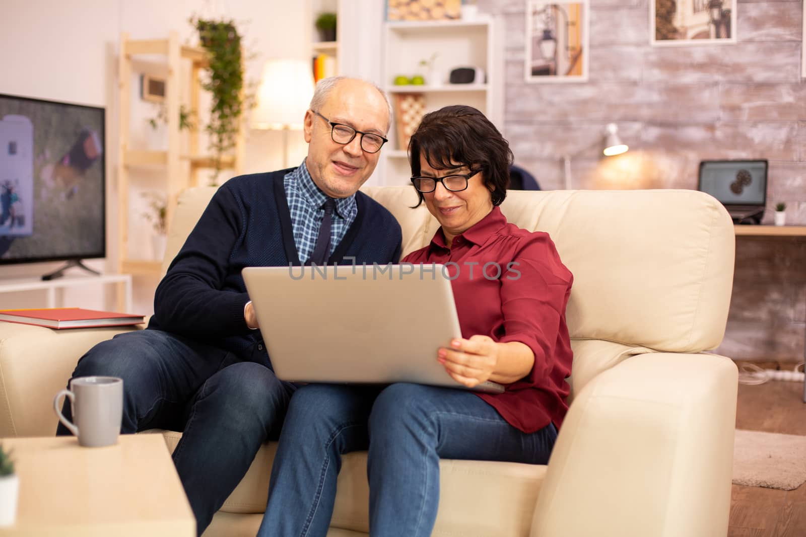 Elderly old couple using modern laptop to chat with their grandson. Grandmother and grandfather using modern technology