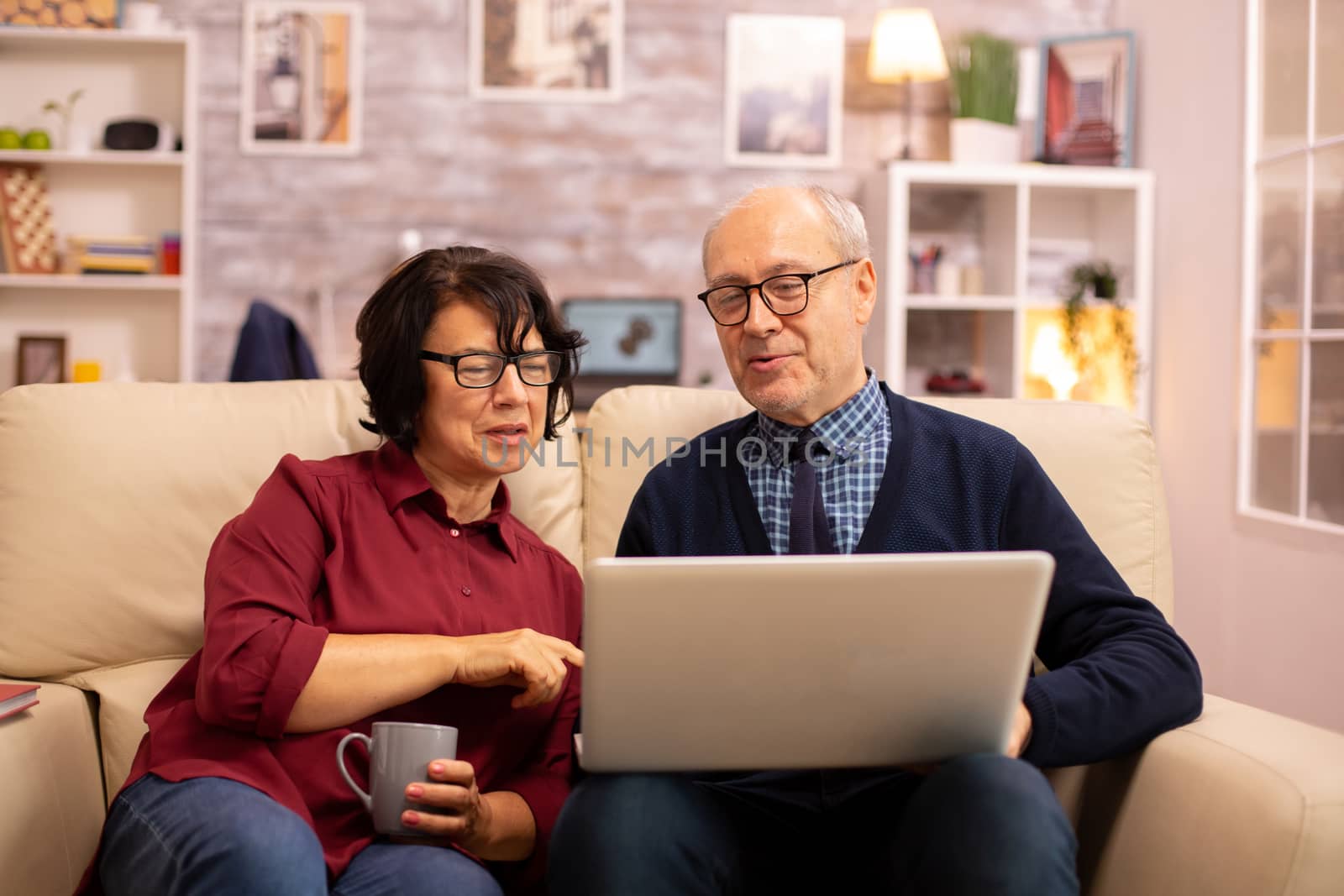 Elderly old couple using modern laptop to chat with their grandson. Grandmother and grandfather using modern technology