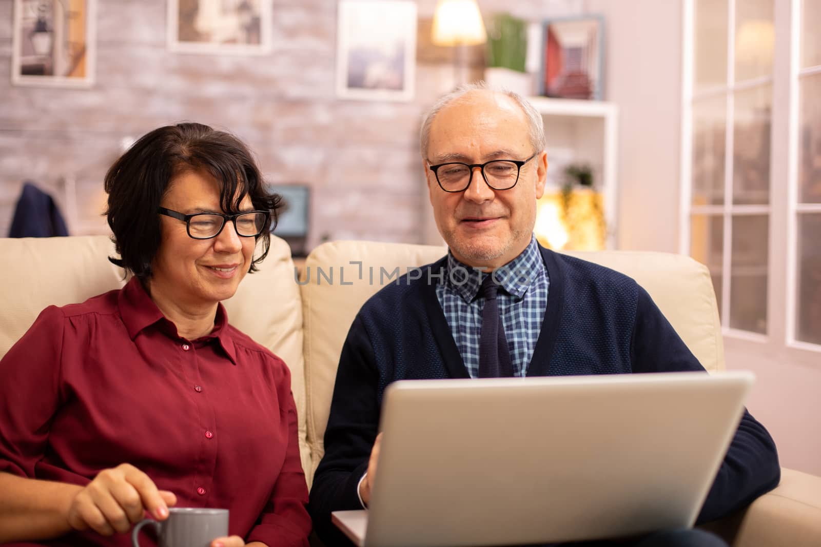 Elderly old couple using modern laptop to chat with their grandson. Grandmother and grandfather using modern technology