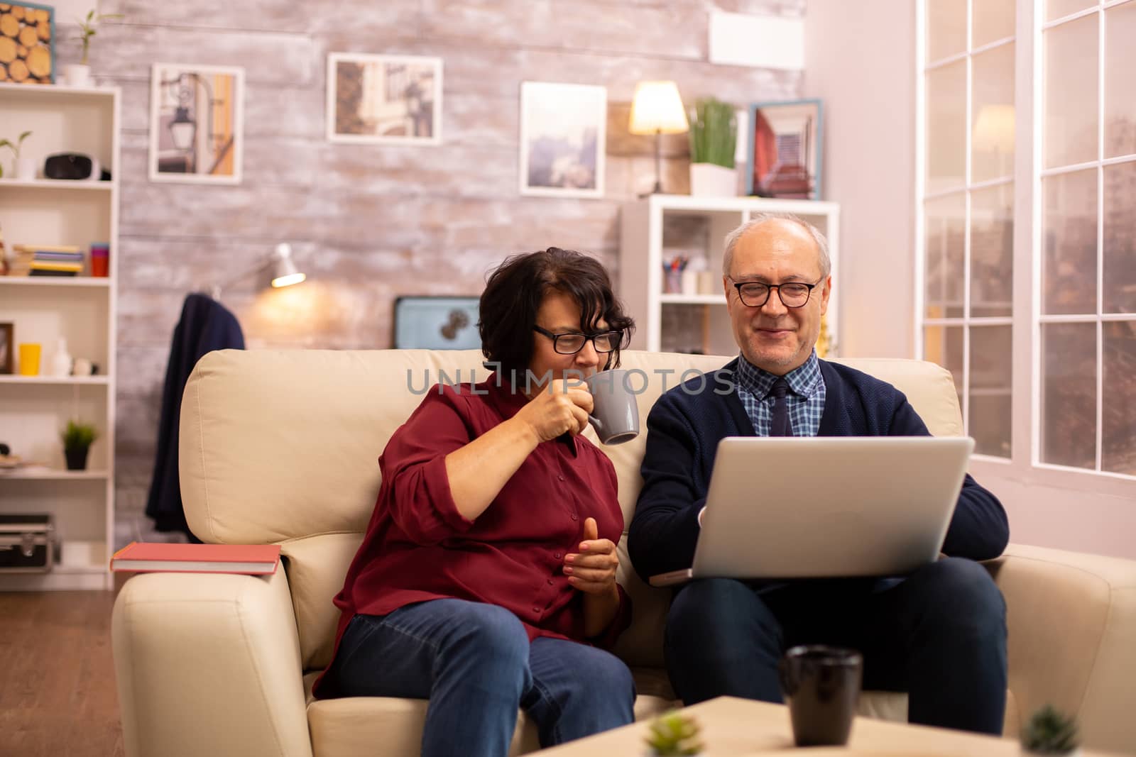 Elderly old couple using modern laptop to chat with their grandson. Grandmother and grandfather using modern technology