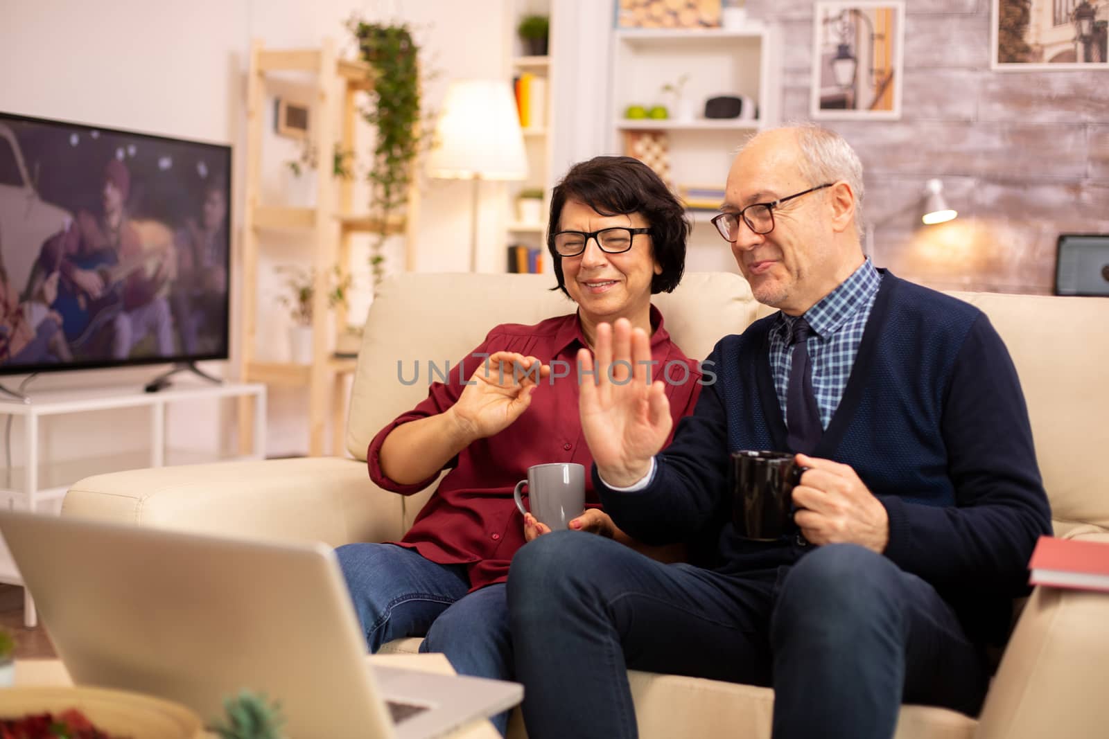 Elderly old couple using modern laptop to chat with their grandson. Grandmother and grandfather using modern technology