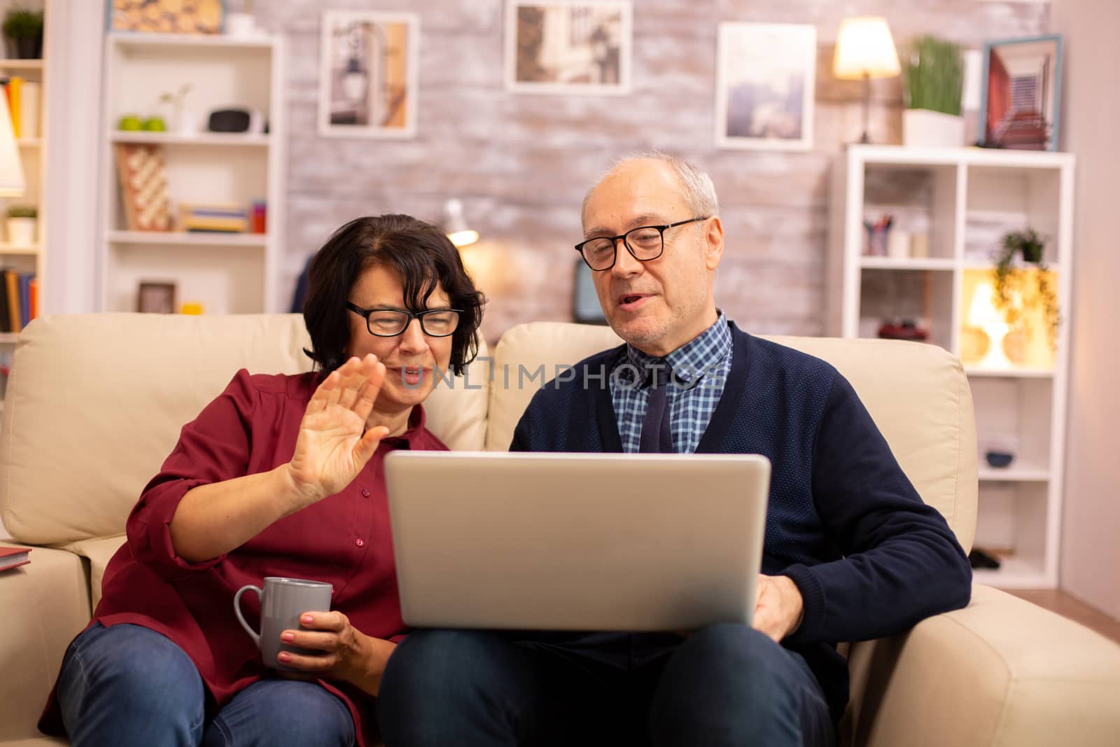 Elderly old couple using modern laptop to chat with their grandson. Grandmother and grandfather using modern technology
