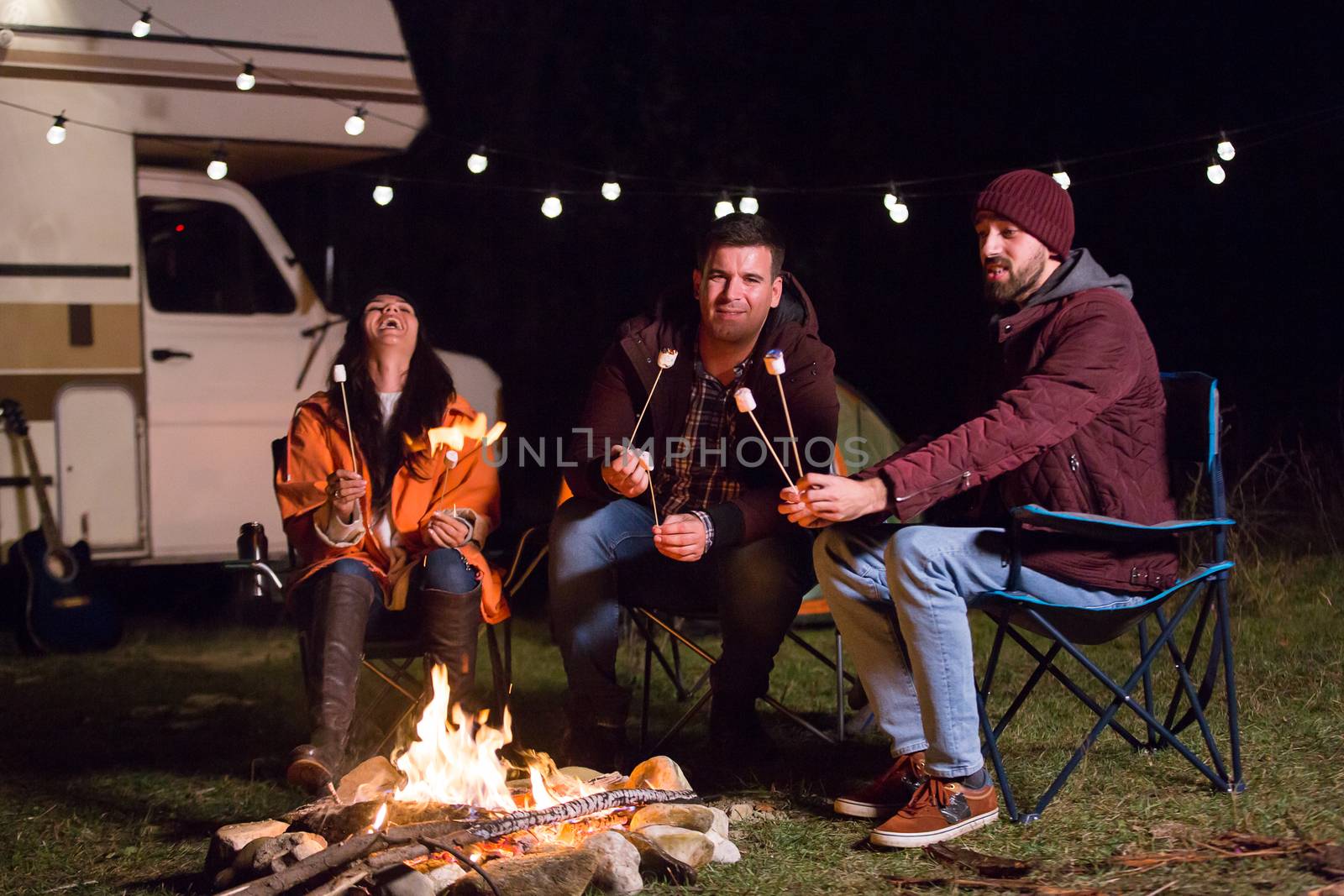 Young and cheerful friends sitting around camp fire and roasting marshmallows.