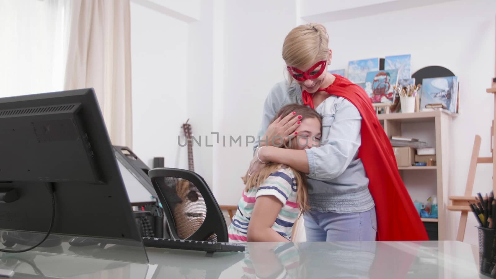 Supermom comes to help her daughter while she is having a problem. Girl gets help from a woman dressed in superhero costume.