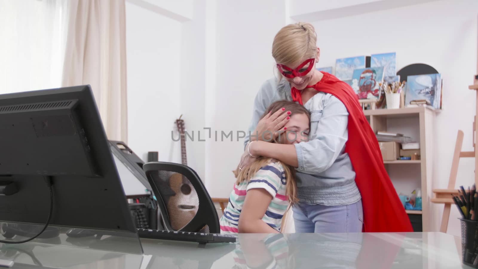 Supermom comes to help her daughter while she is having a problem. Girl gets help from a woman dressed in superhero costume.