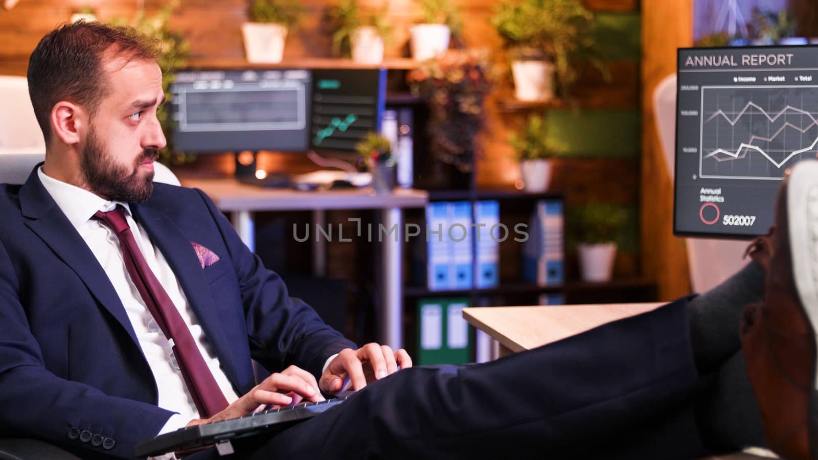 Manager working with his feet on the table. Office background