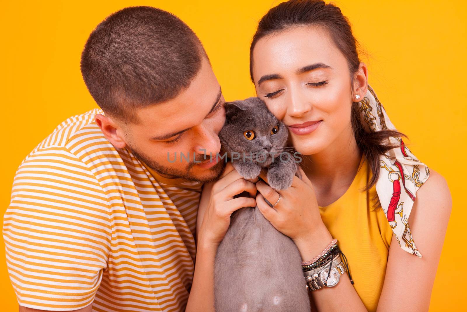 Happy young couple with their well-groomed cats poses in studio. Couple loving their cat.