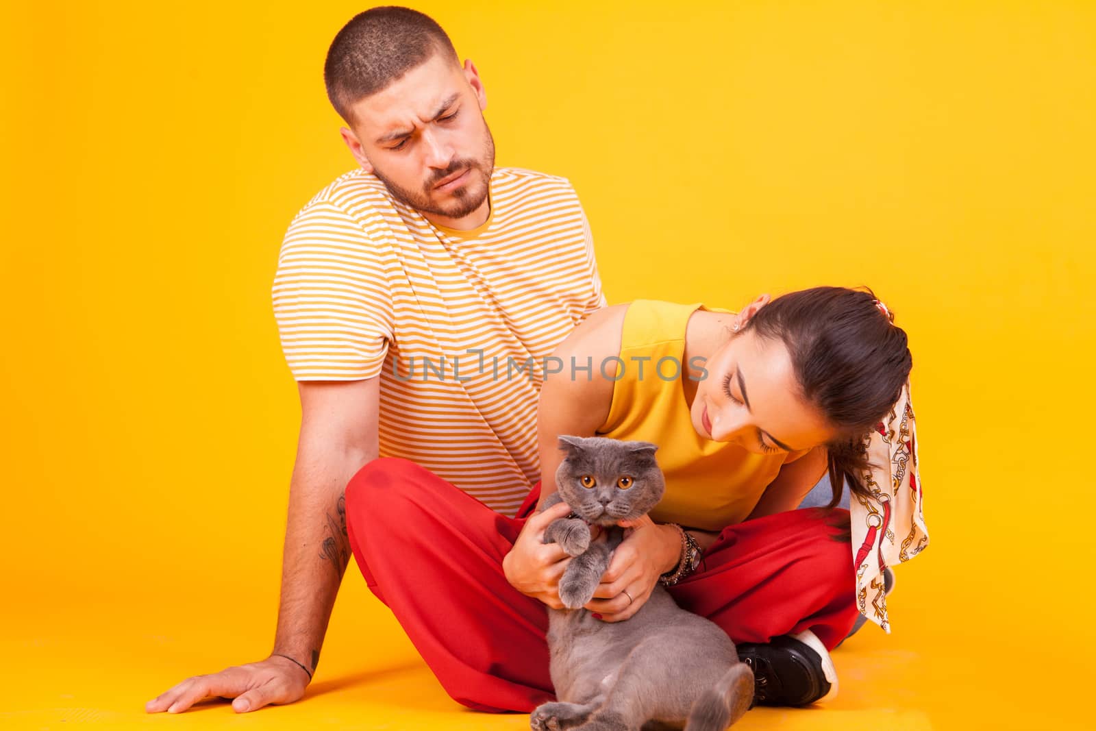 Boyfriend looking how his beautiful girlfriend's playing with their cat. Happy cat with her owners.