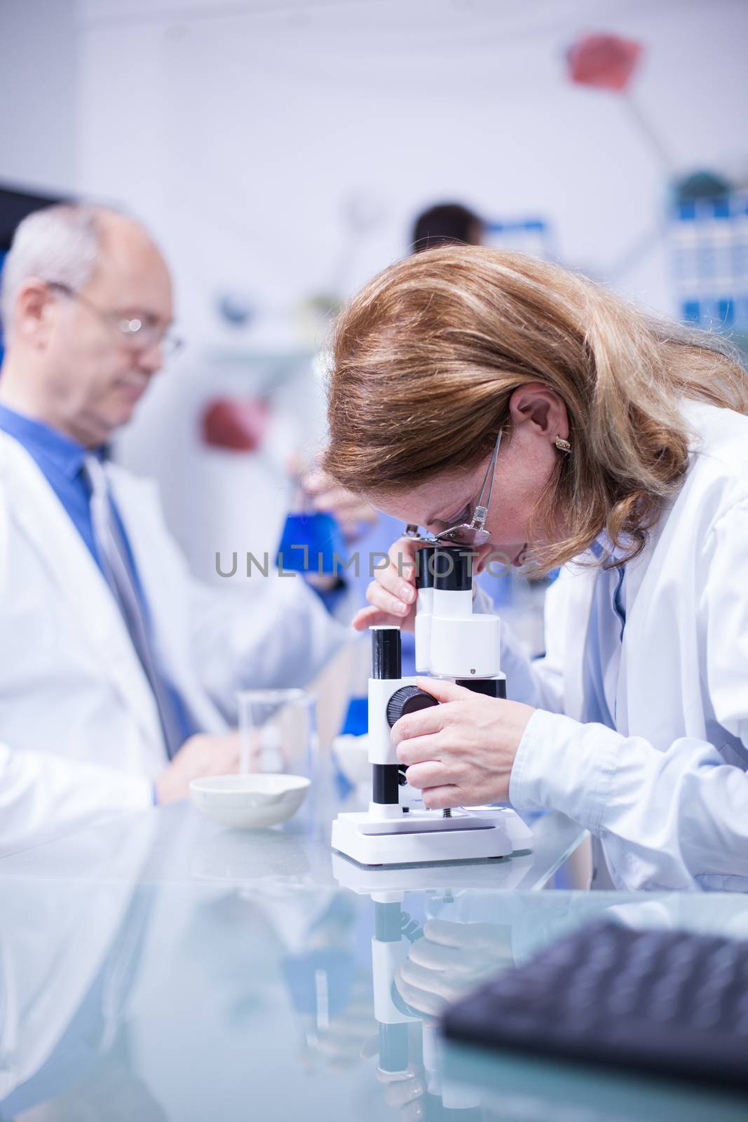 Senior female scientist doing medical research looking at sample under a microscope. Phermaceutical research in a laboratory.