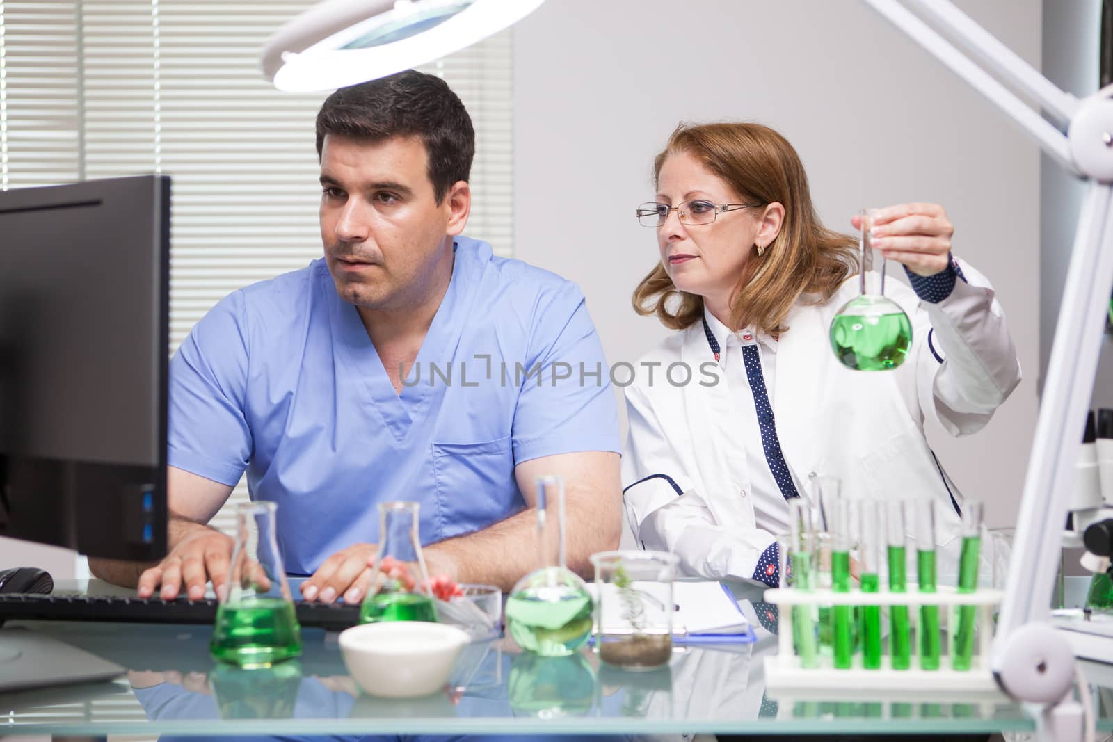 Leading female scientist with her assistant checking the data for their scientific tests. Scientist in agriculture inspection.