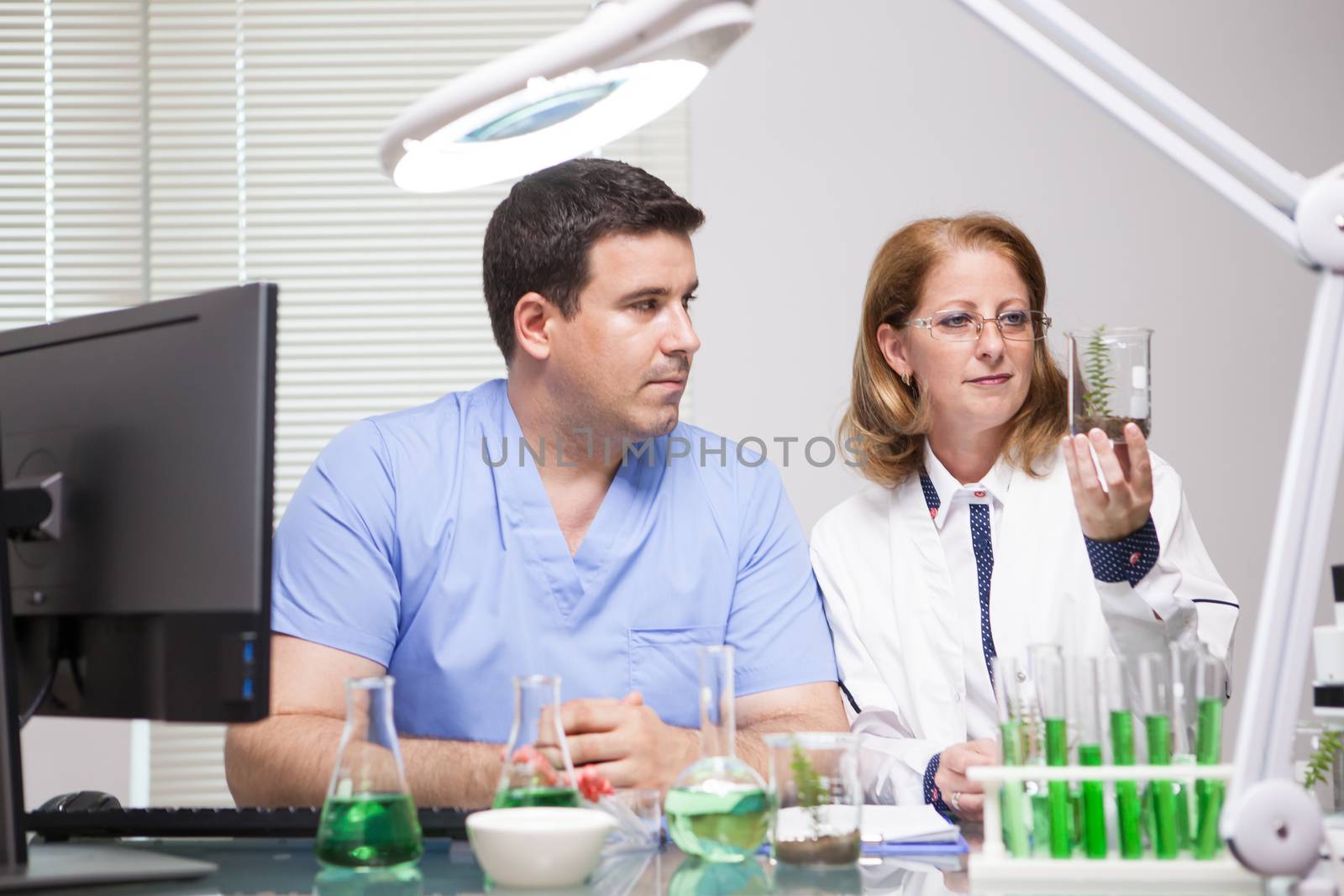 Young scientist learning from advanced female scientist in research laboratory. Test tubes.