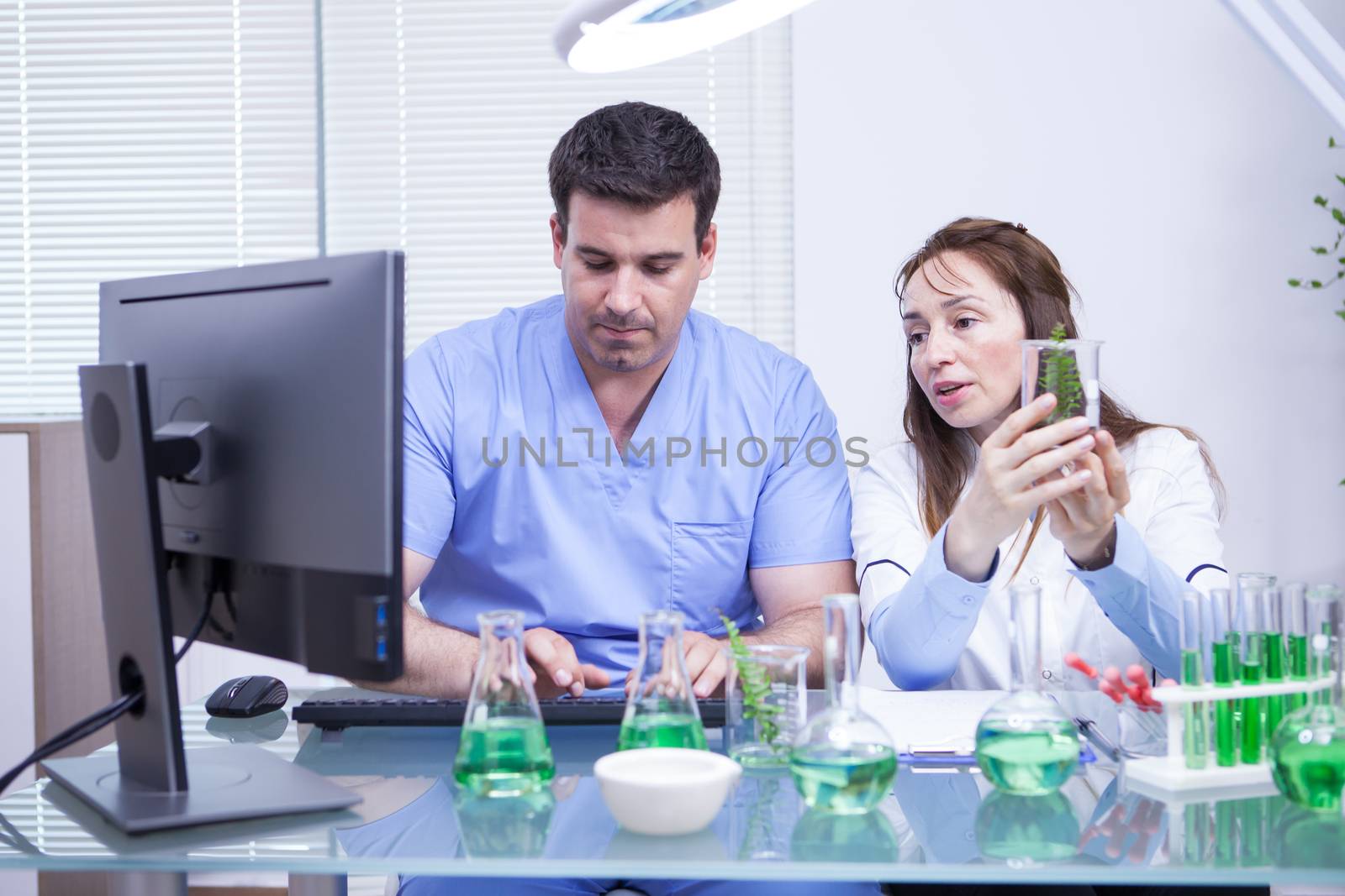 Researcher with assistans in laboratory looking at GMO results
