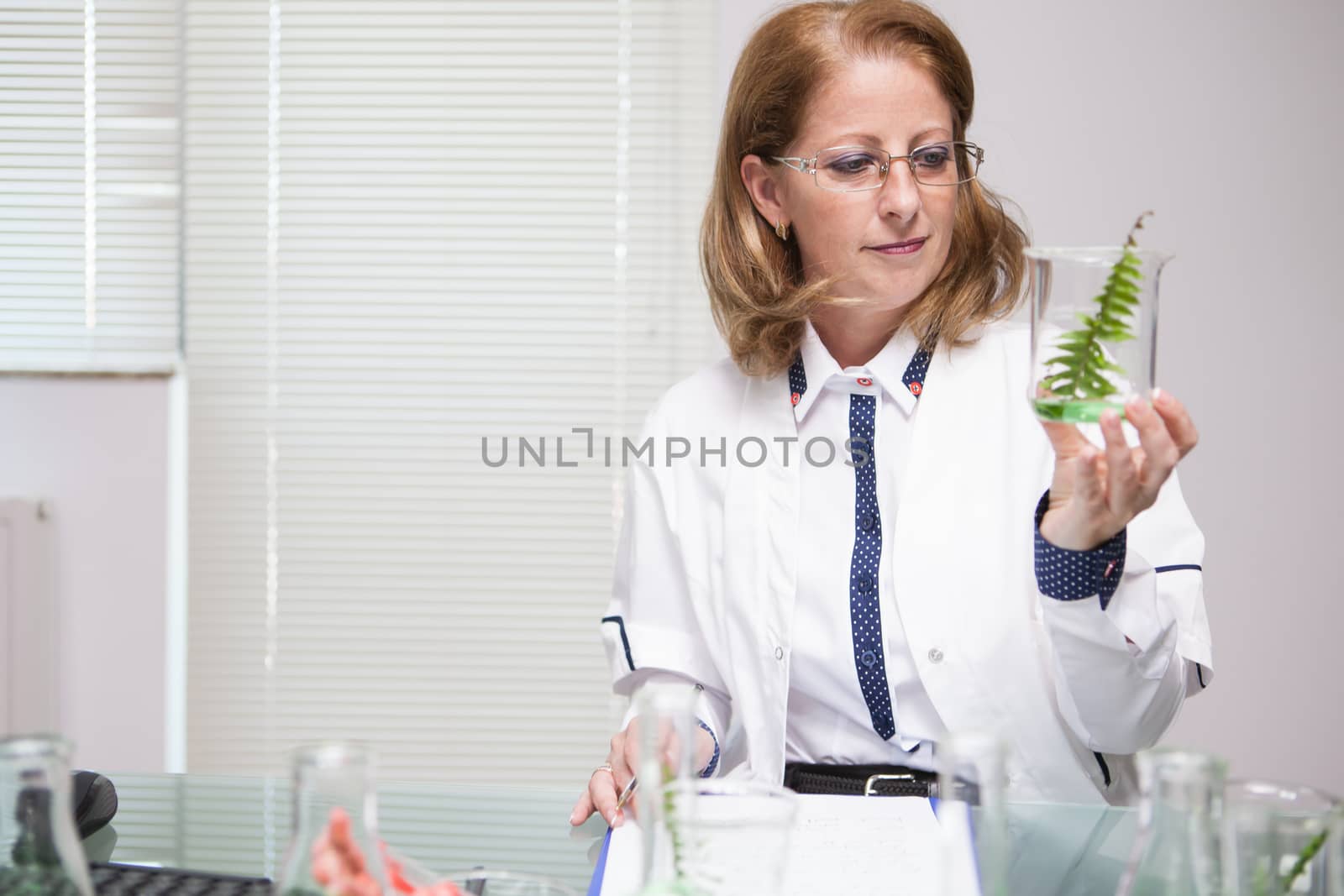Female scientist checking the plant after doing biology test on it. Chemistry lab. Scientific test.