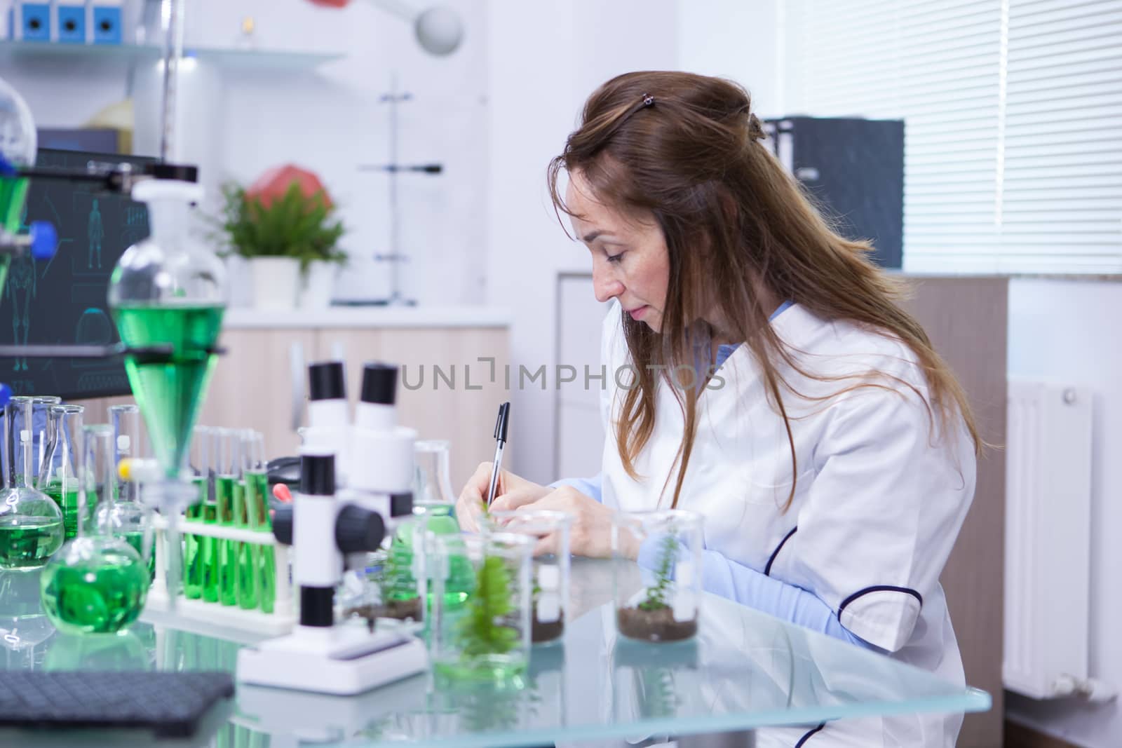 Photo of mature female scientist writing notes on her notebook after last research on plants. Plant analysis.