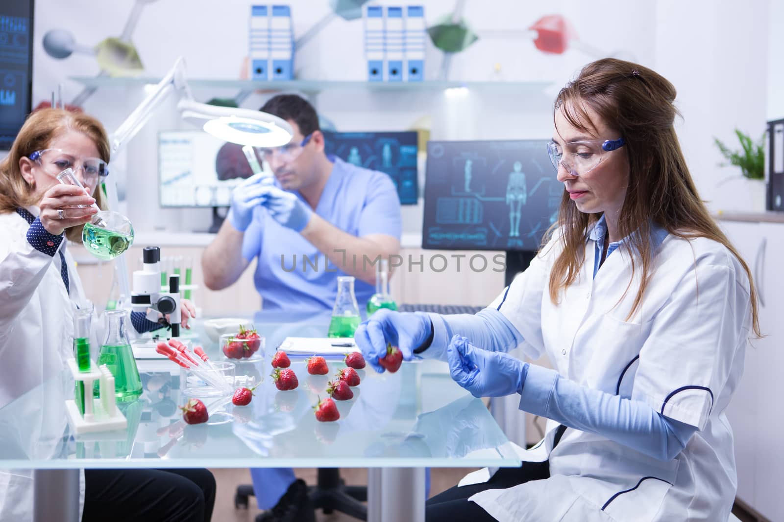 Middle age female scientis wearing protection gloves in a research lab. Tests on strawberries.