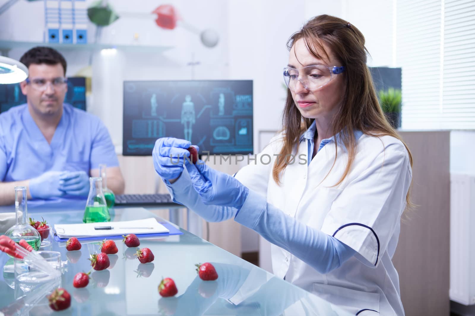 Female scientist and her assistant working on a cure for strawberries parasites. Scientist wearing safty gear.