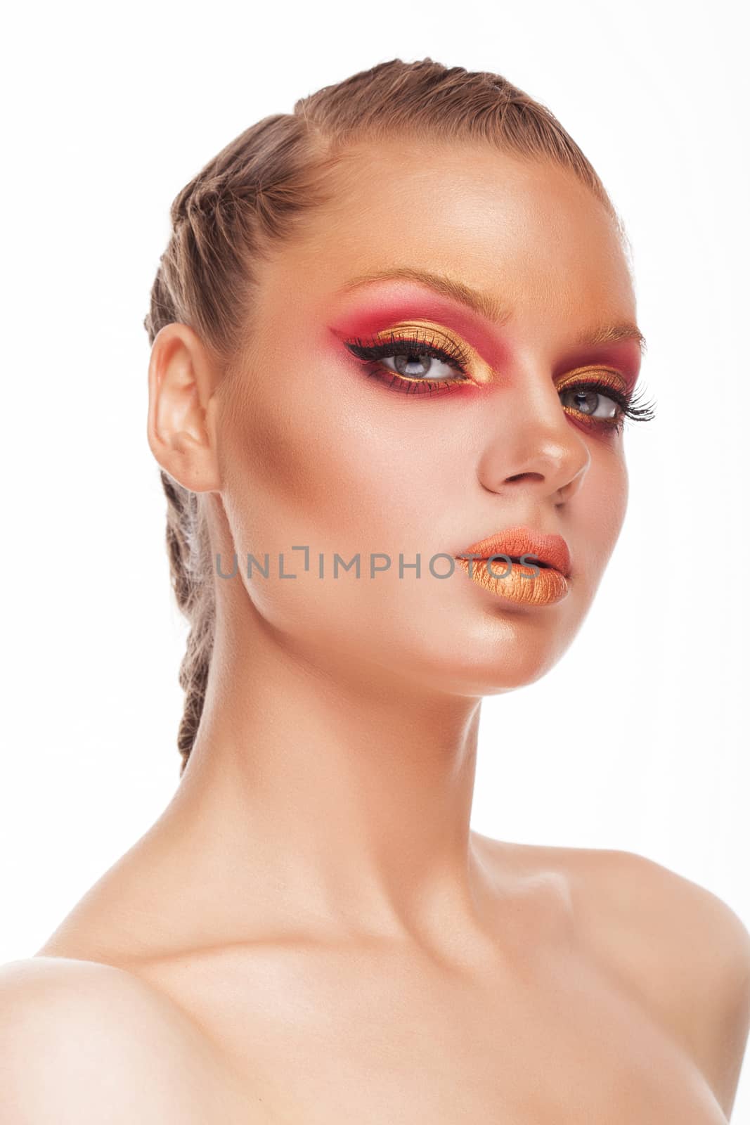 High fashion portrait of beautiful sexy stylish blond caucasian woman. Glamour portrait. Golden lips. Fashion makeup.