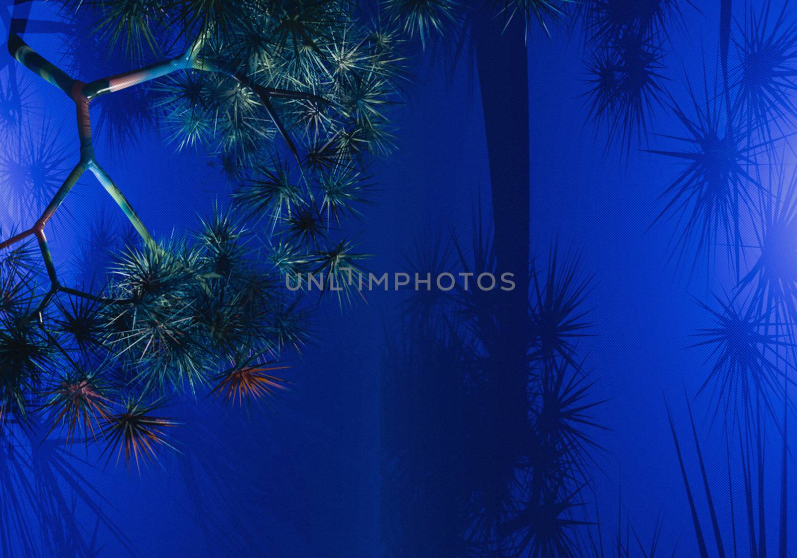 3d image of blue background with barbed branch, abstract textured blank for designers