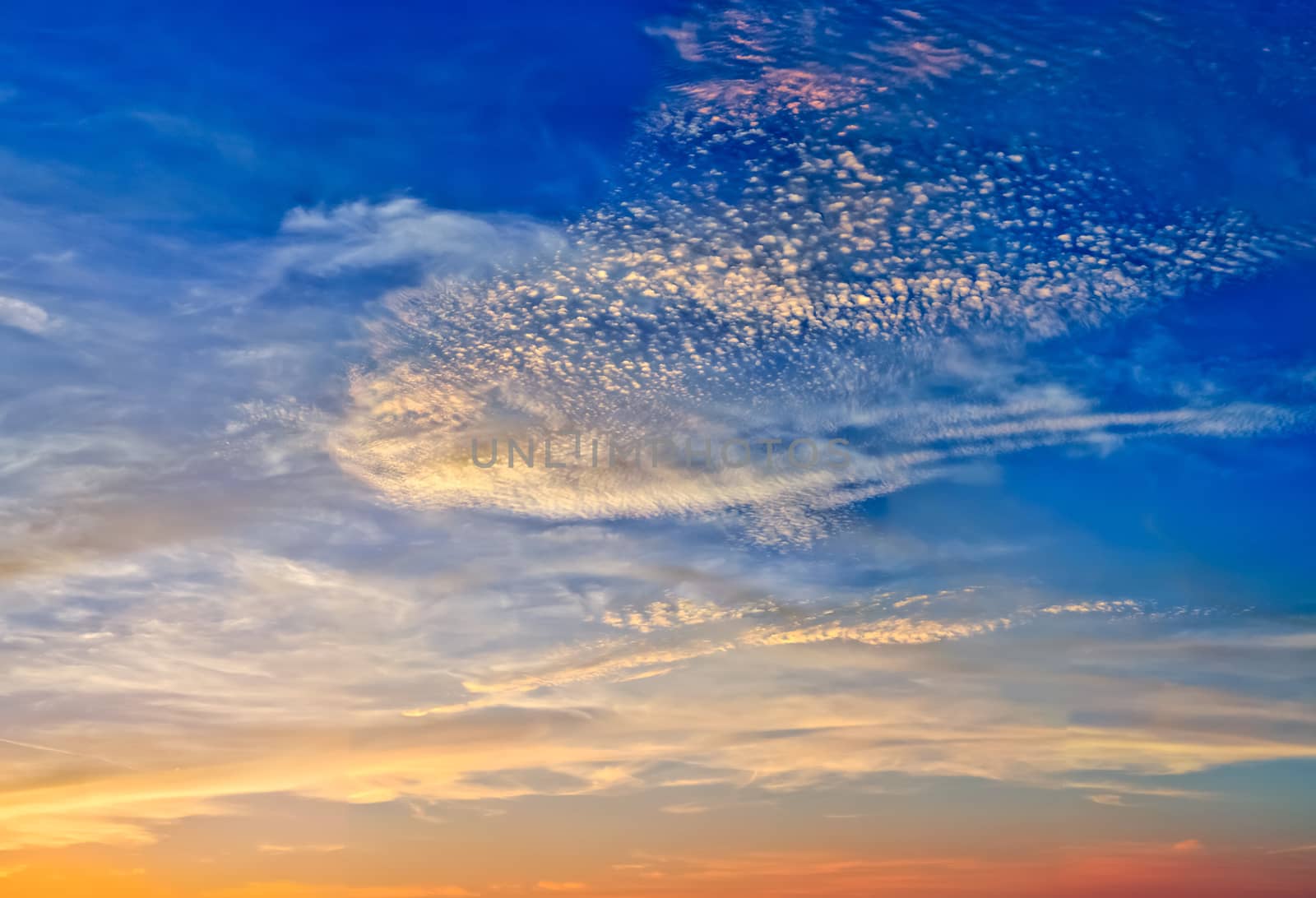 Beautiful high resolution panorama of orange and red sunset clouds in the evening sky.