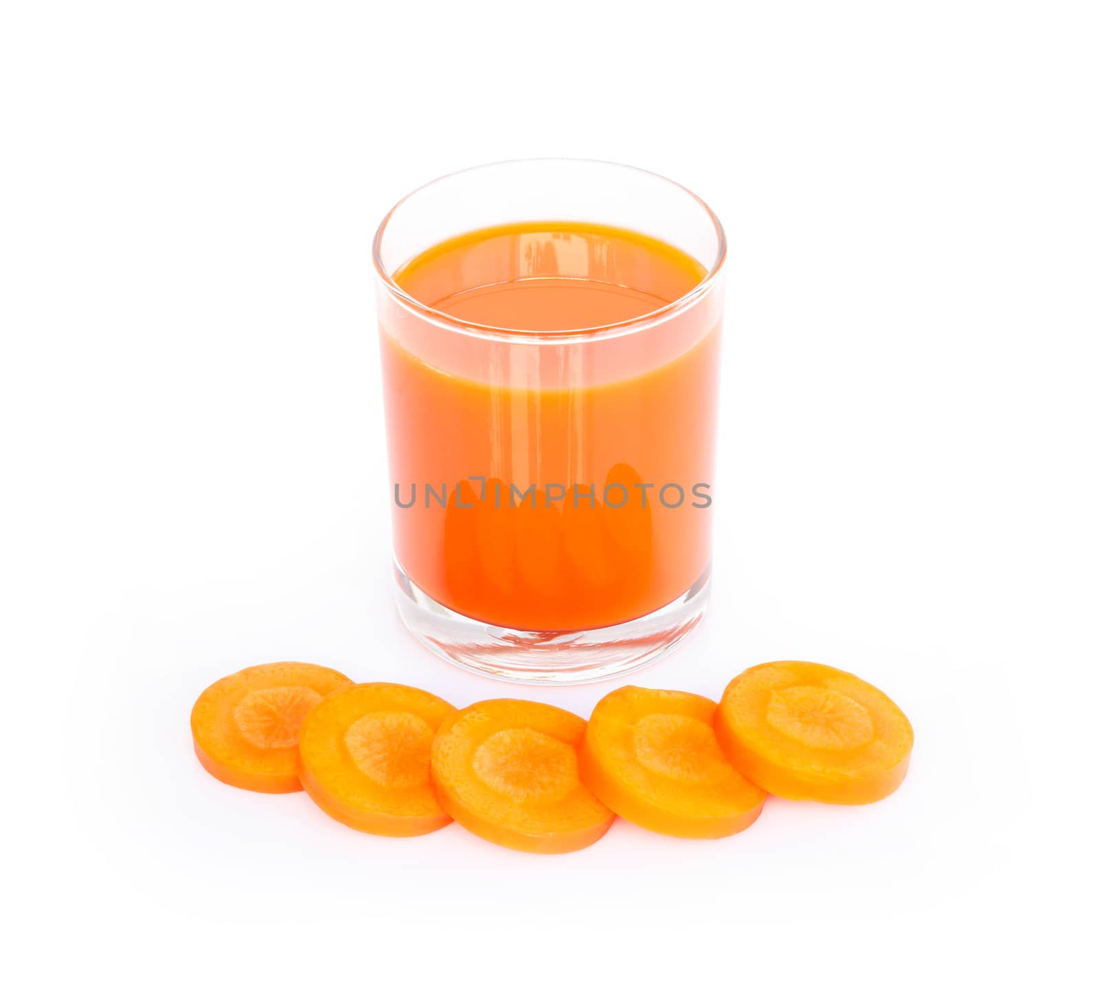Closeup glass of carrot juice and fresh carrot sliced isolated on white background, healthy diet food drink