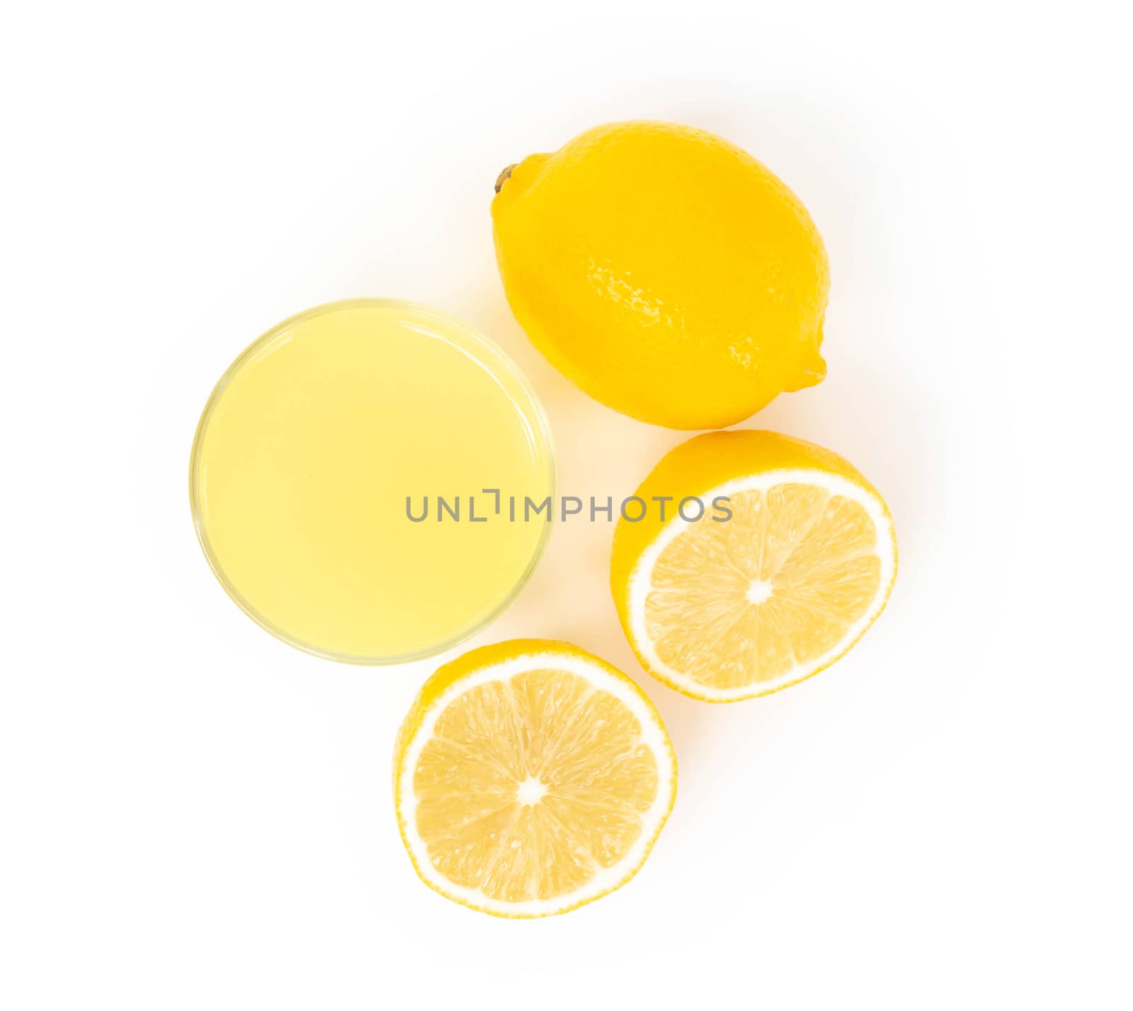 Closeup top view glass of lemon juice drink isolated on white background, food heathy concept
