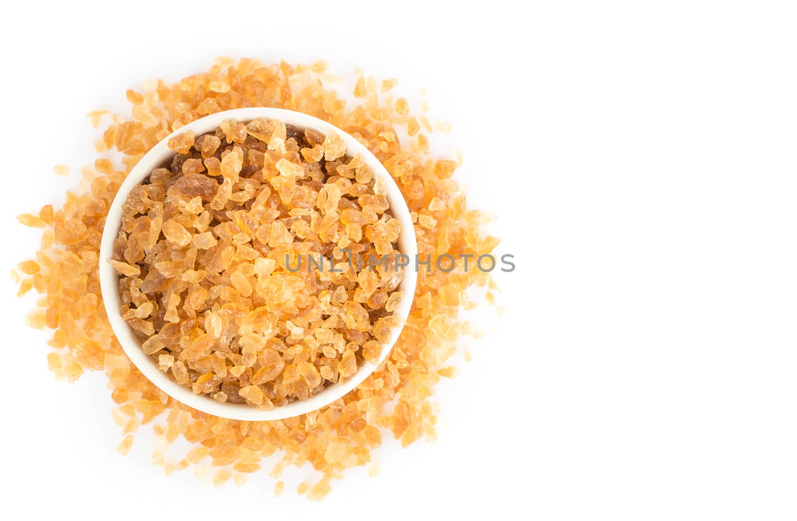 Brown sugar on ceramic bowl isolated with white background, top view ceramic bowl on white background