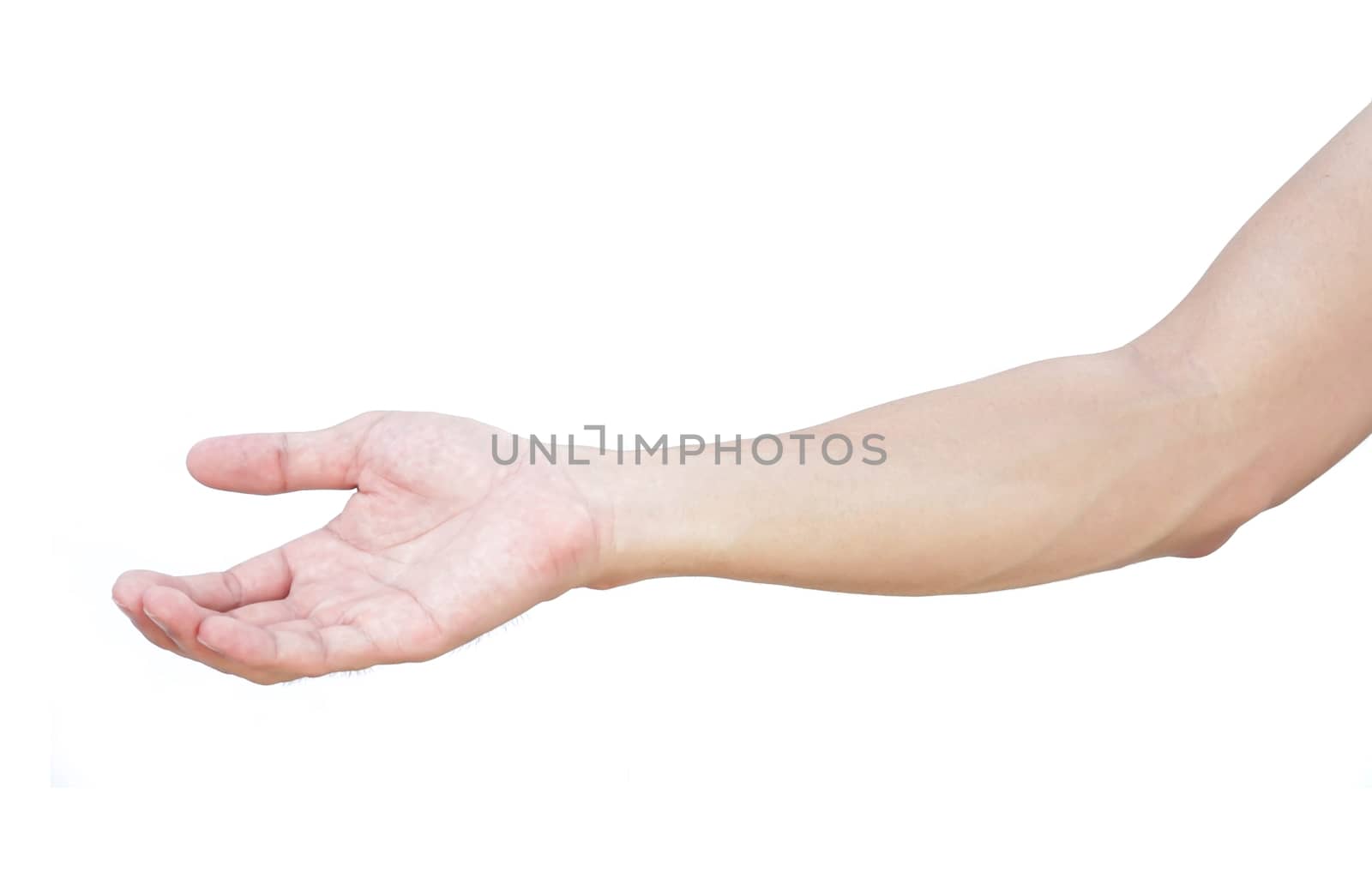 Man hands holding something on white background for product advertising concept