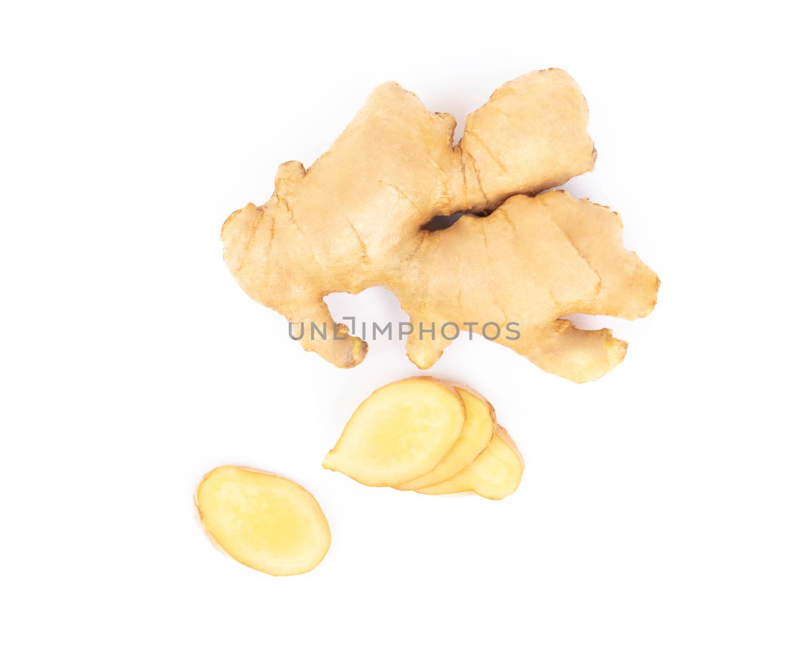 Fresh ginger root with sliced on white background for herb and medical product concept