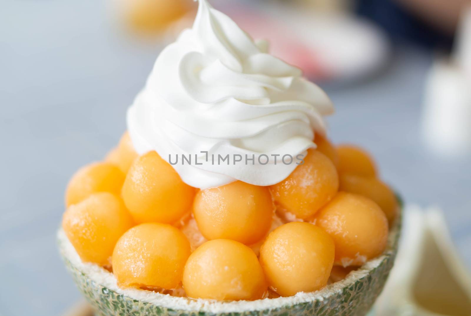 Closeup melon bingsu ice cream korea dessert , selective focus by pt.pongsak@gmail.com