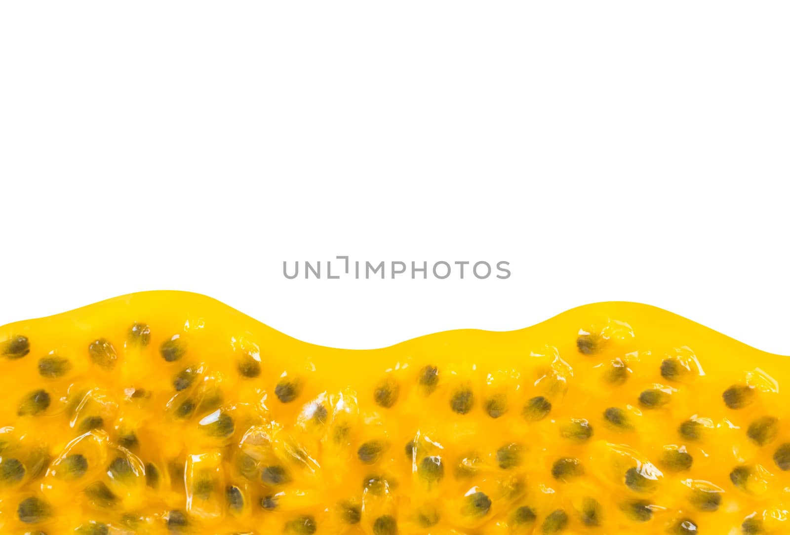 Closeup top view passion fruit seed on white background with copy space, fruit for healthy concept