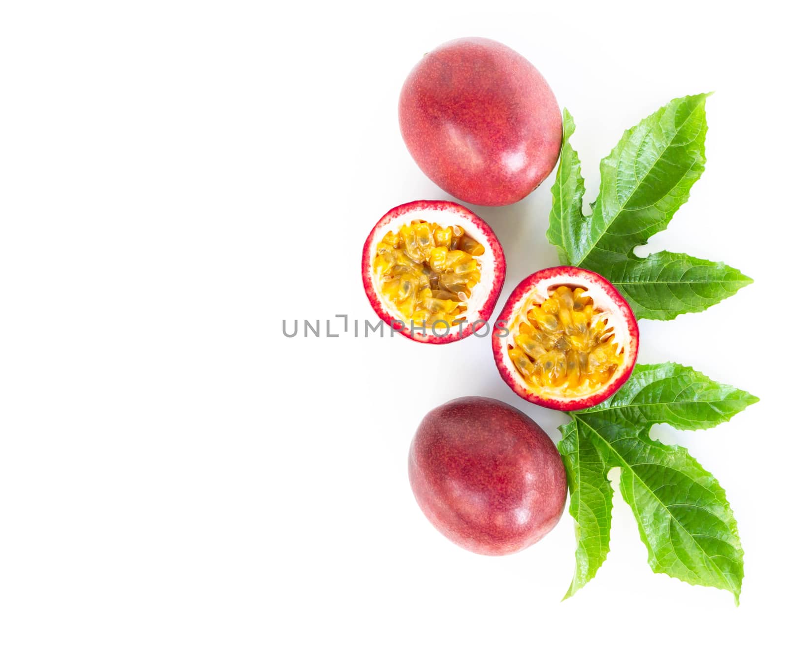 Closeup top view passion fruit on white background, fruit for healthy concept