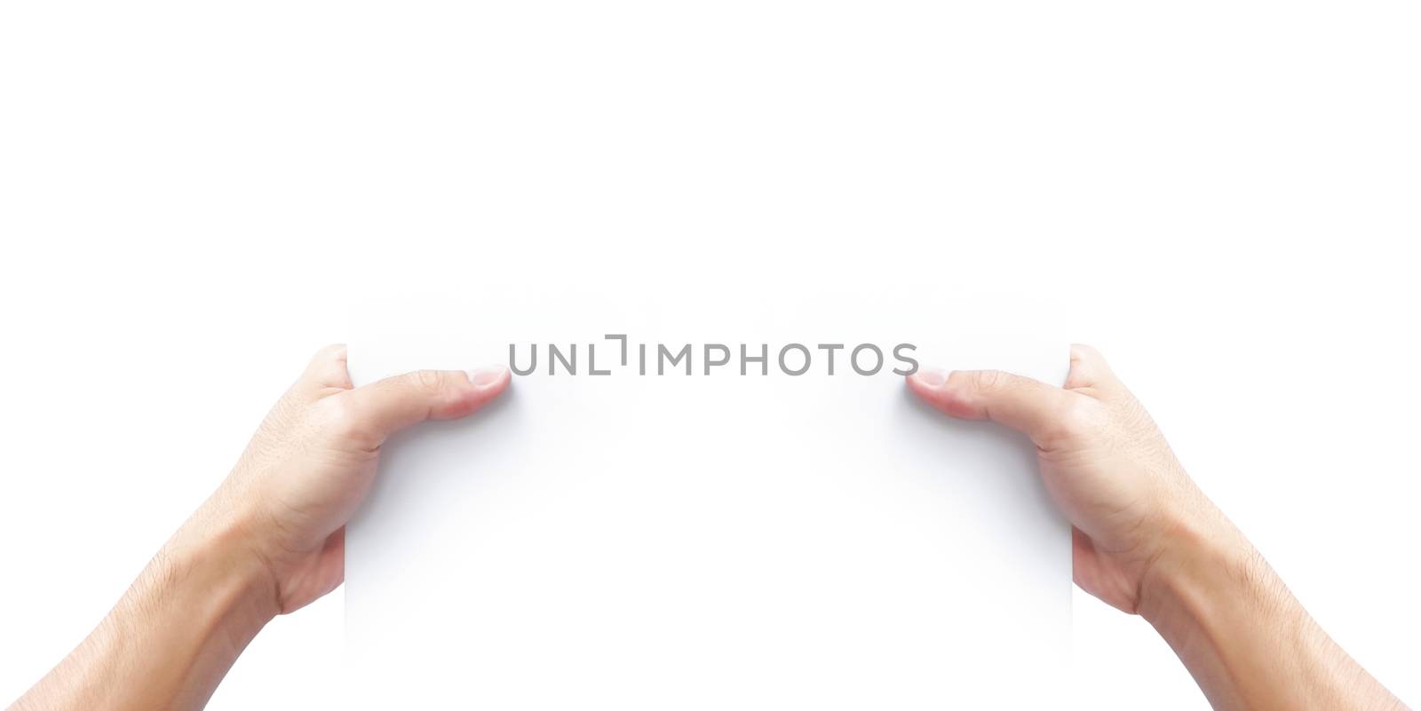 Hand holding blank white paper for advertise text