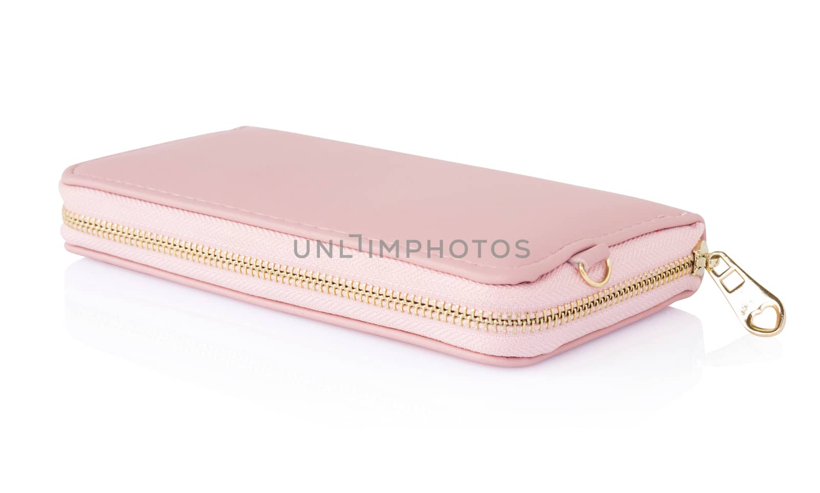 Closeup modern pink woman wallet on white background