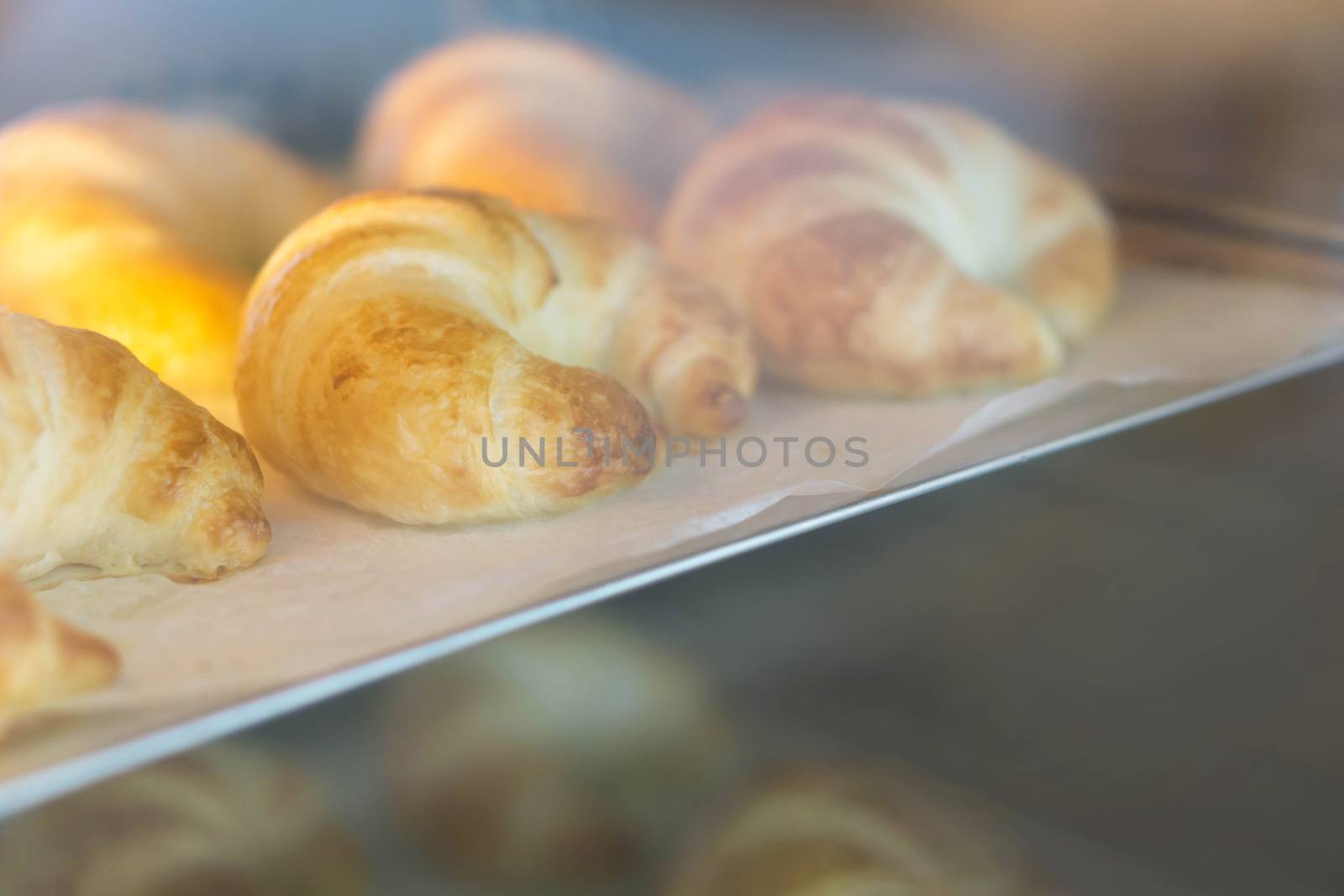 Closeup croissant homemade bakery in the oven with warm light, selective and soft focus