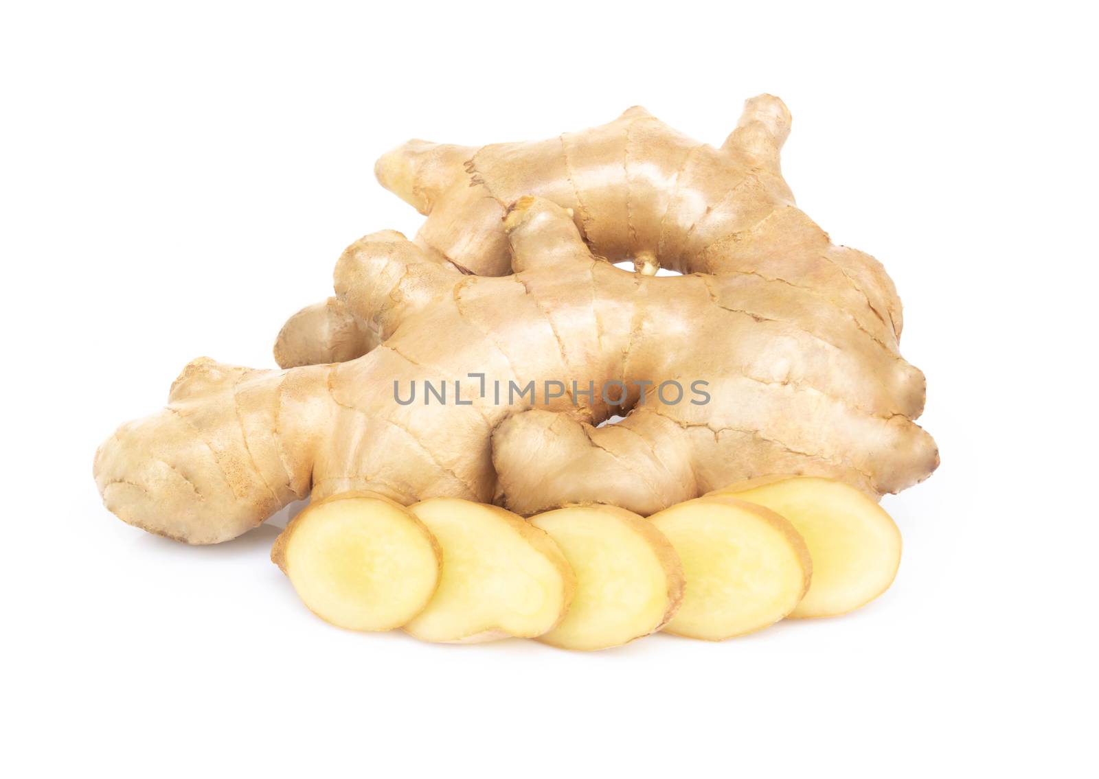 Fresh ginger root with sliced on white background for herb and m by pt.pongsak@gmail.com