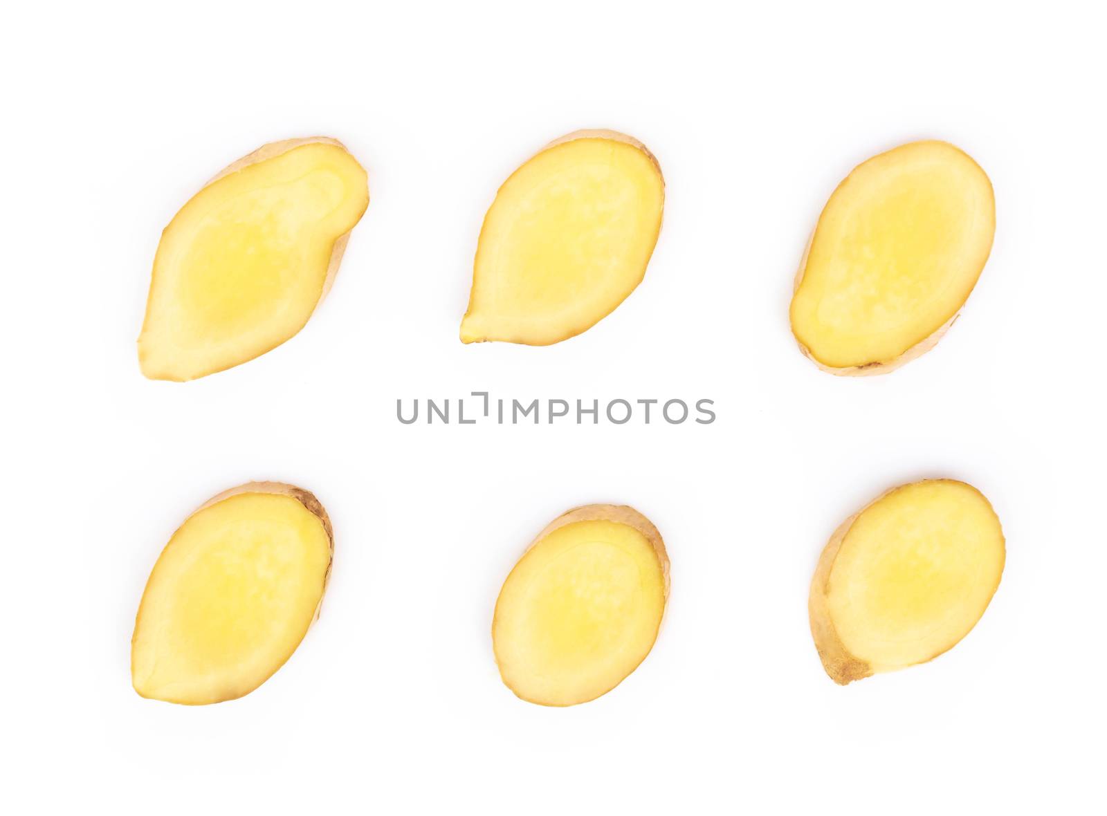 Set of fresh ginger root  sliced on white background for herb and medical product concept