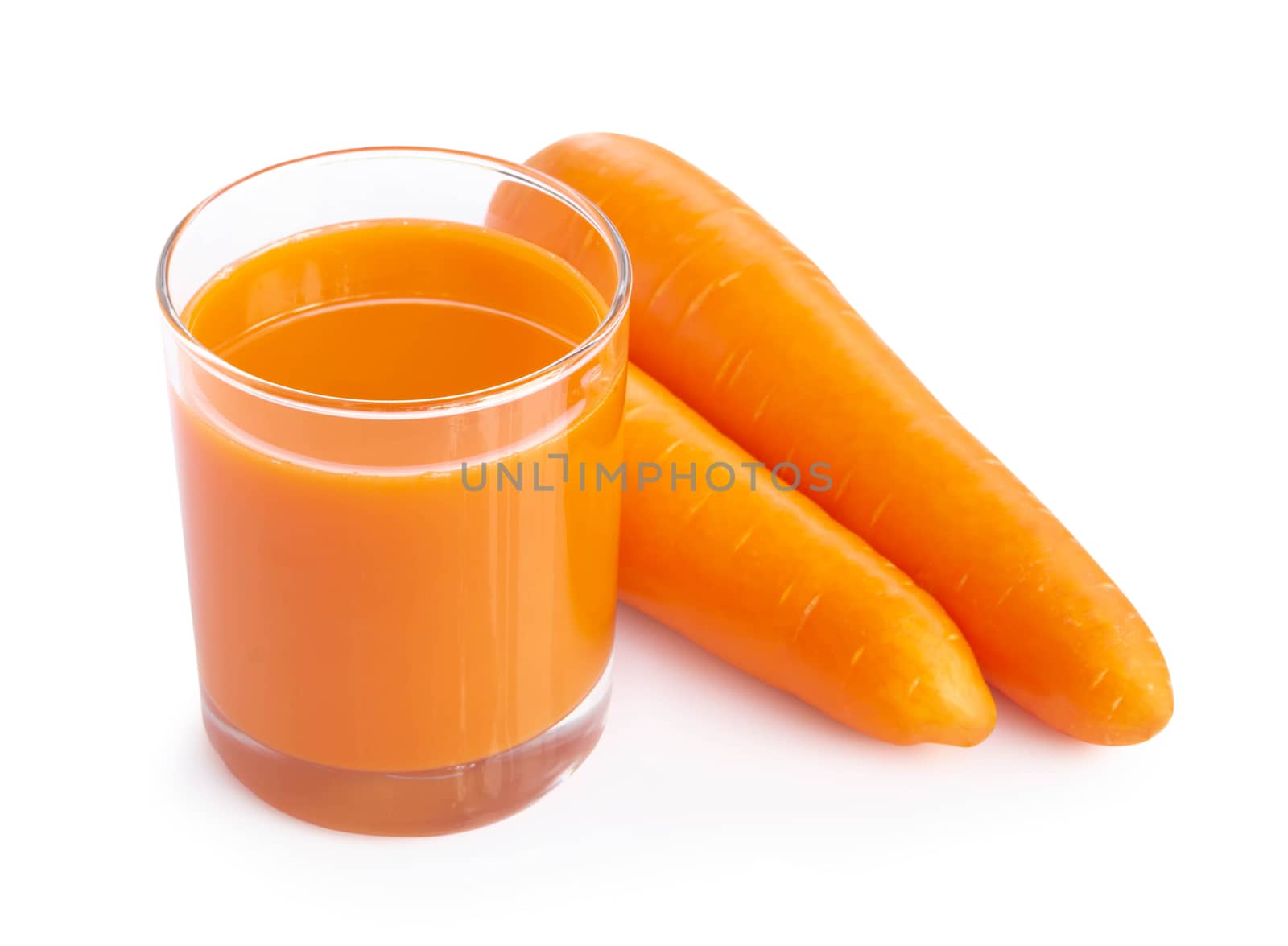 Closeup glass of carrot juice and fresh carrot isolated on white background, healthy diet food drink