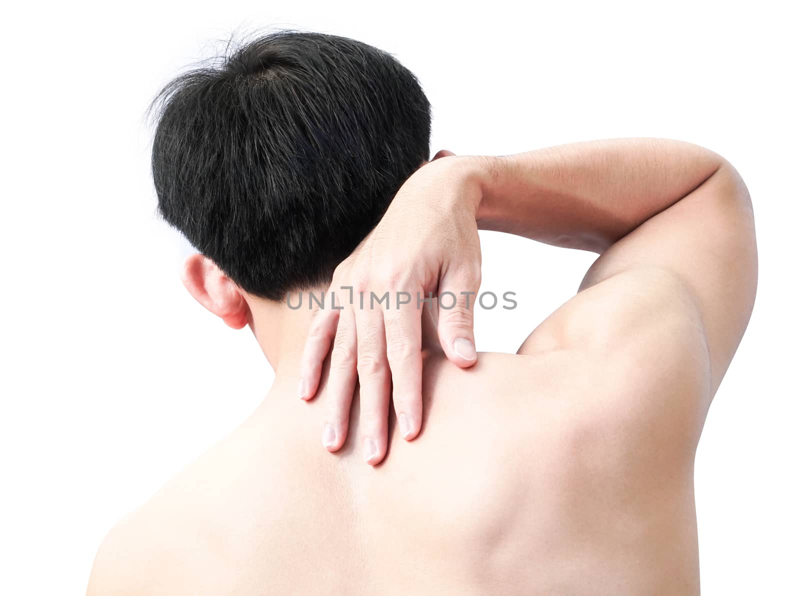 Closeup man hand holding neck or shoulder with pain on white background