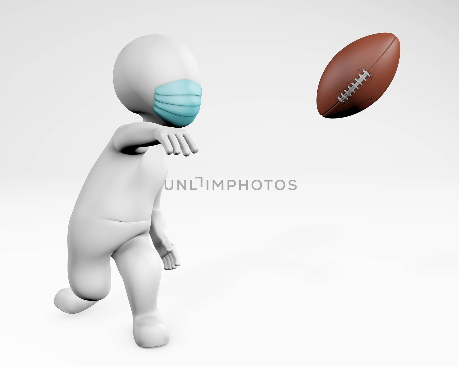 Fatty man with a mask playing american football 3d rendering, isolated on white